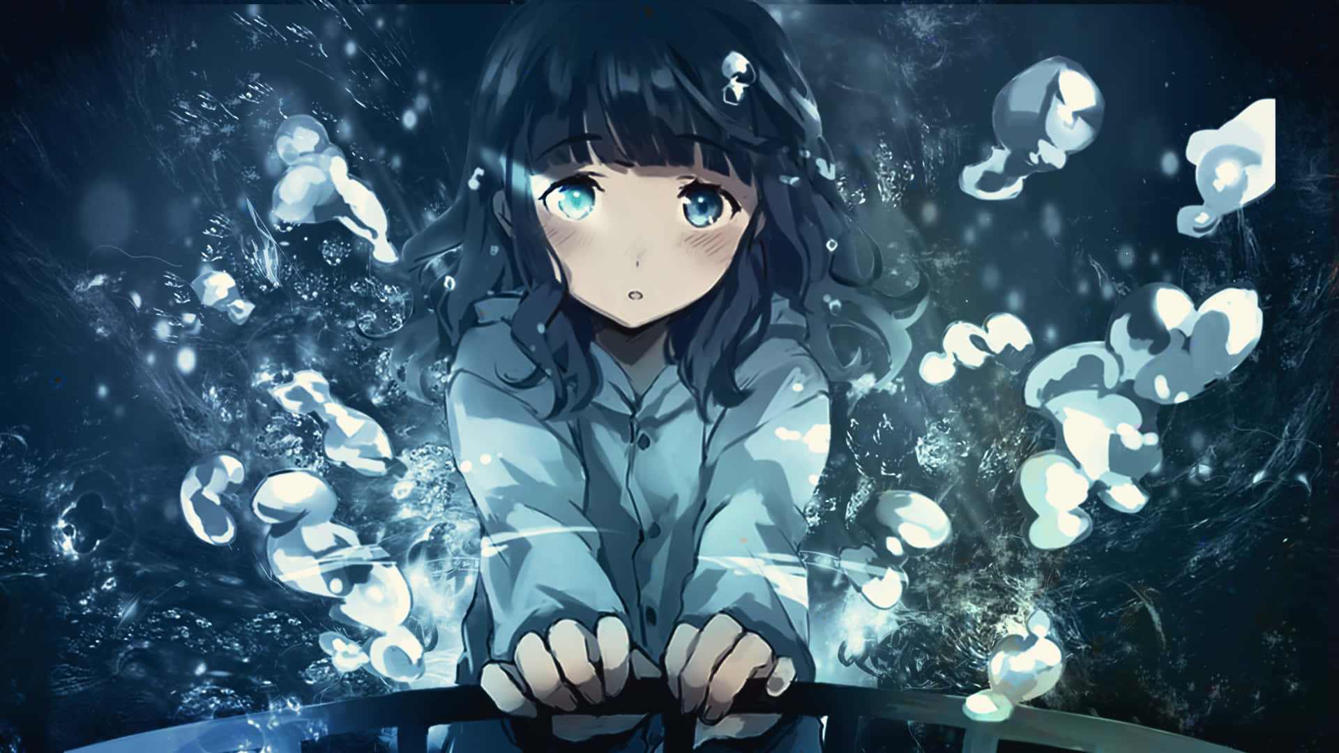 blushing anime, young anime girl, blue eyes, Full HD Desktop Wallpaper