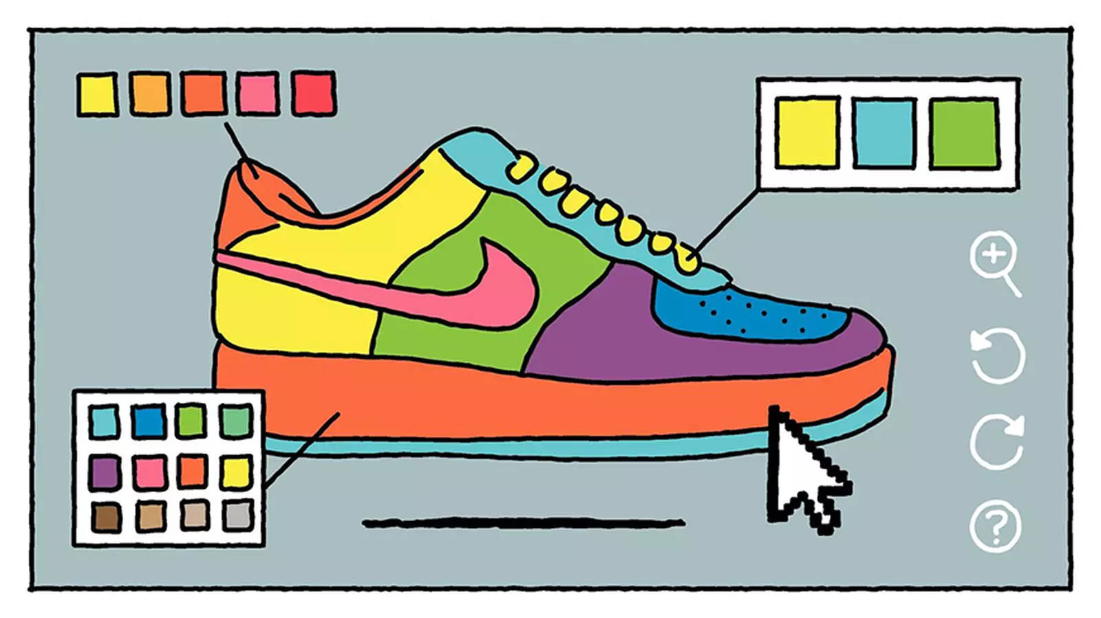 Cartoon Nike Shoe, rainbow sections, digital color picker interface, HD Desktop Wallpaper