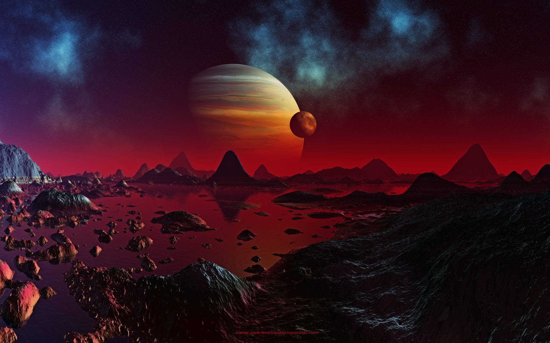 striped planet, glowing red skies, jagged mountains, Full HD Desktop Wallpaper
