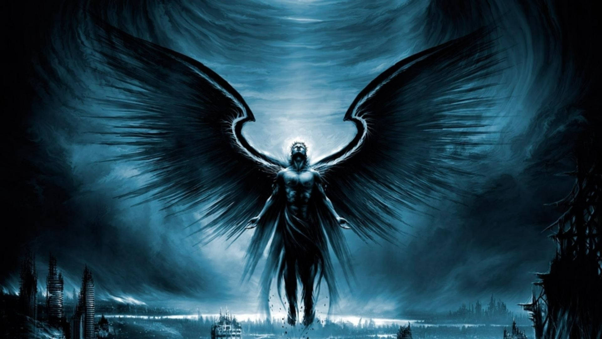 Cool Devil, dark-winged angelic figure, ruined cityscape, Full HD Desktop Wallpaper