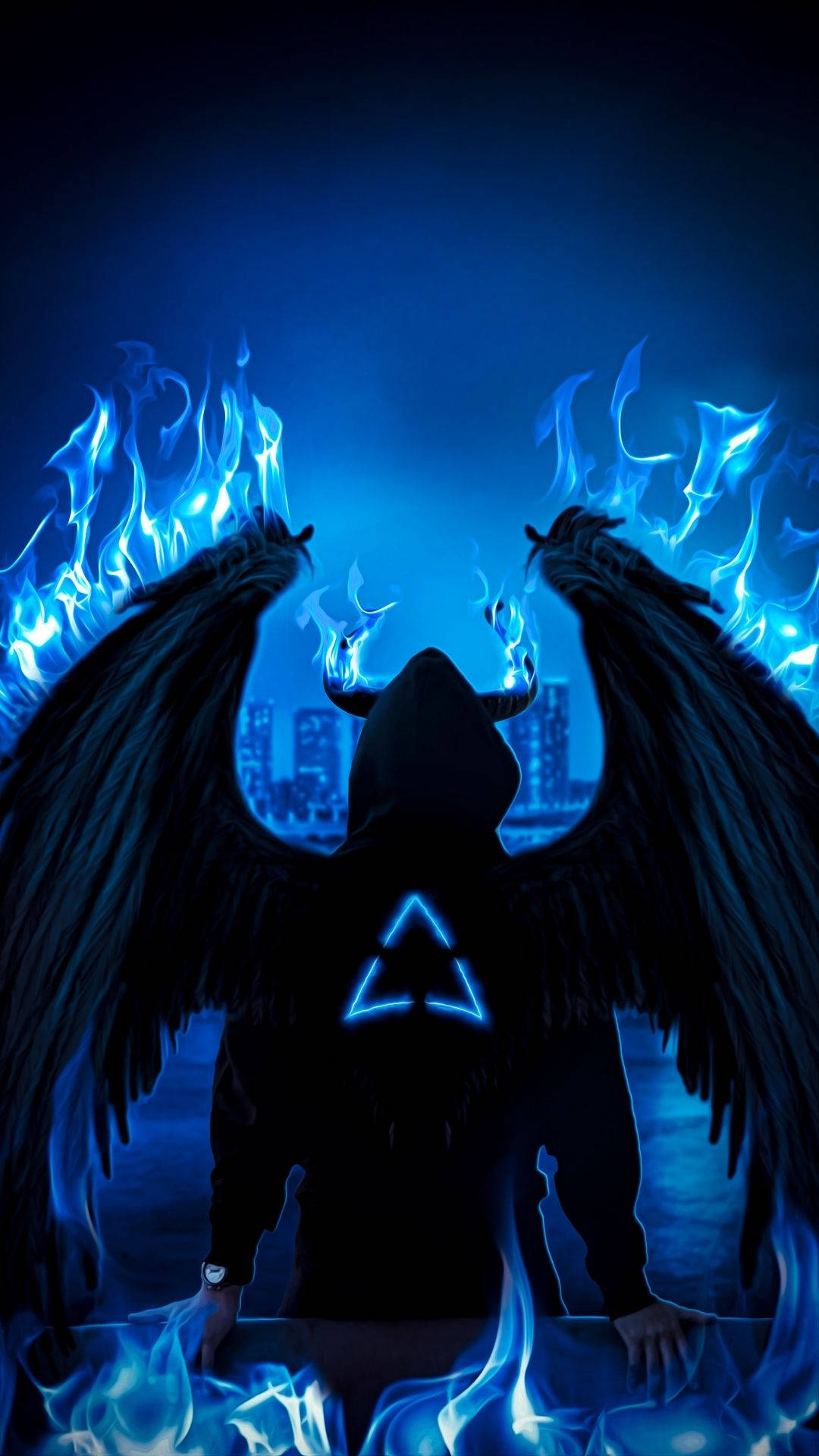 Cool Devil, neon blue, black wings, Full HD Phone Wallpaper