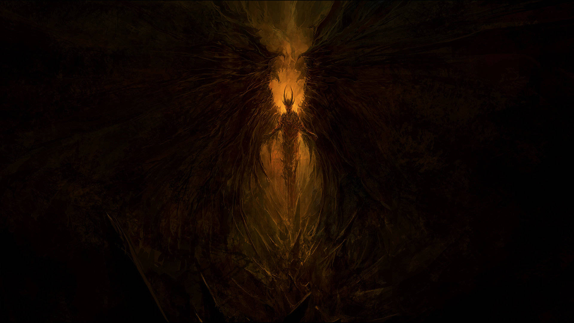 Cool Devil, dark-winged figure, glowing orange eyes, Full HD Desktop Wallpaper