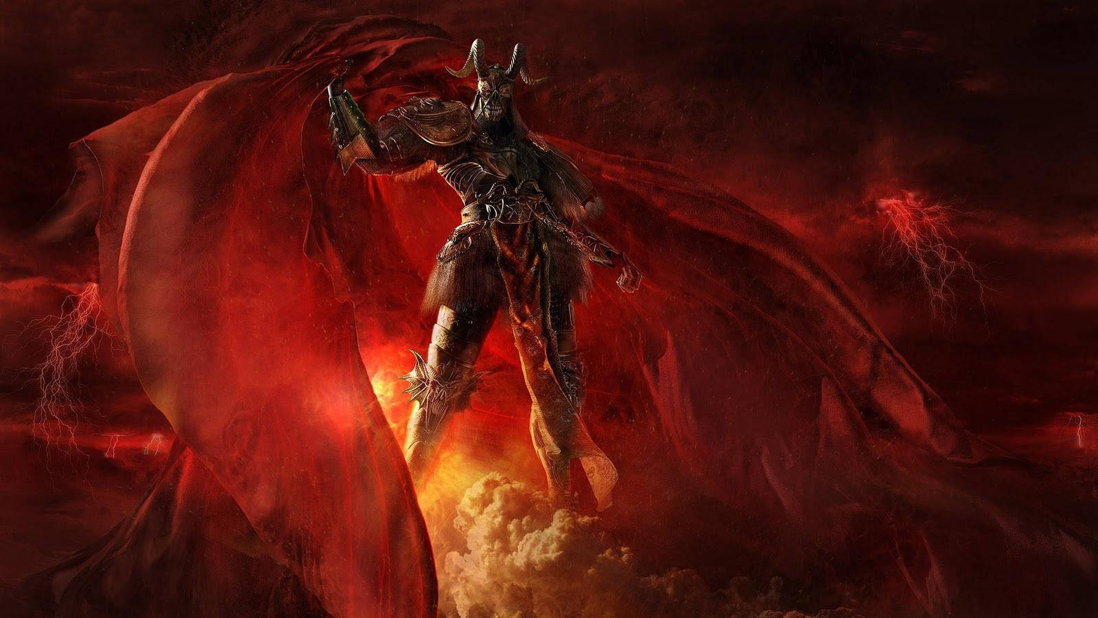 Cool Devil, red sky, dark armored demon, HD Desktop Wallpaper