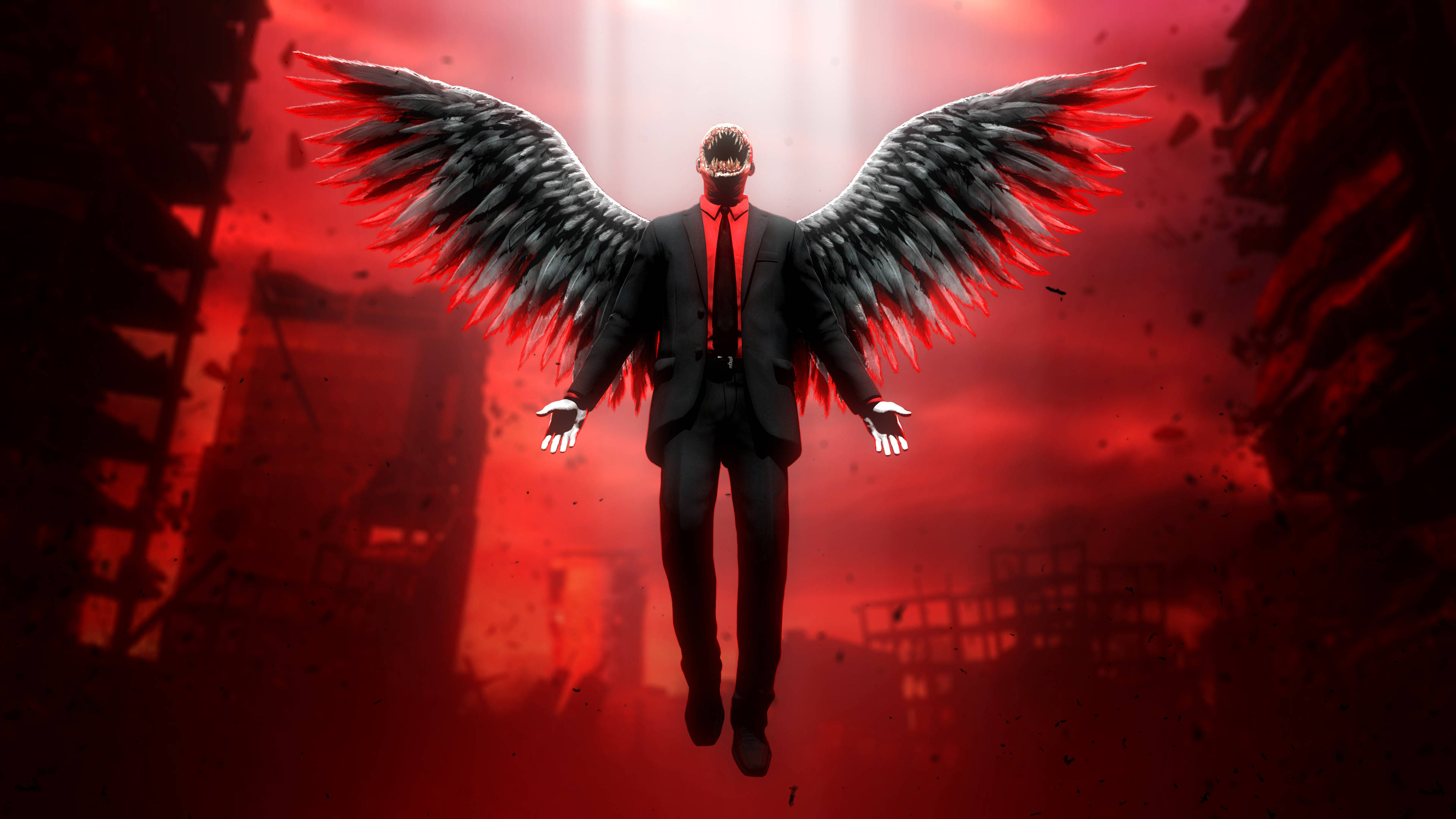 4K Devil In A Suit, black suit, red-tipped wings, 4K Desktop Wallpaper