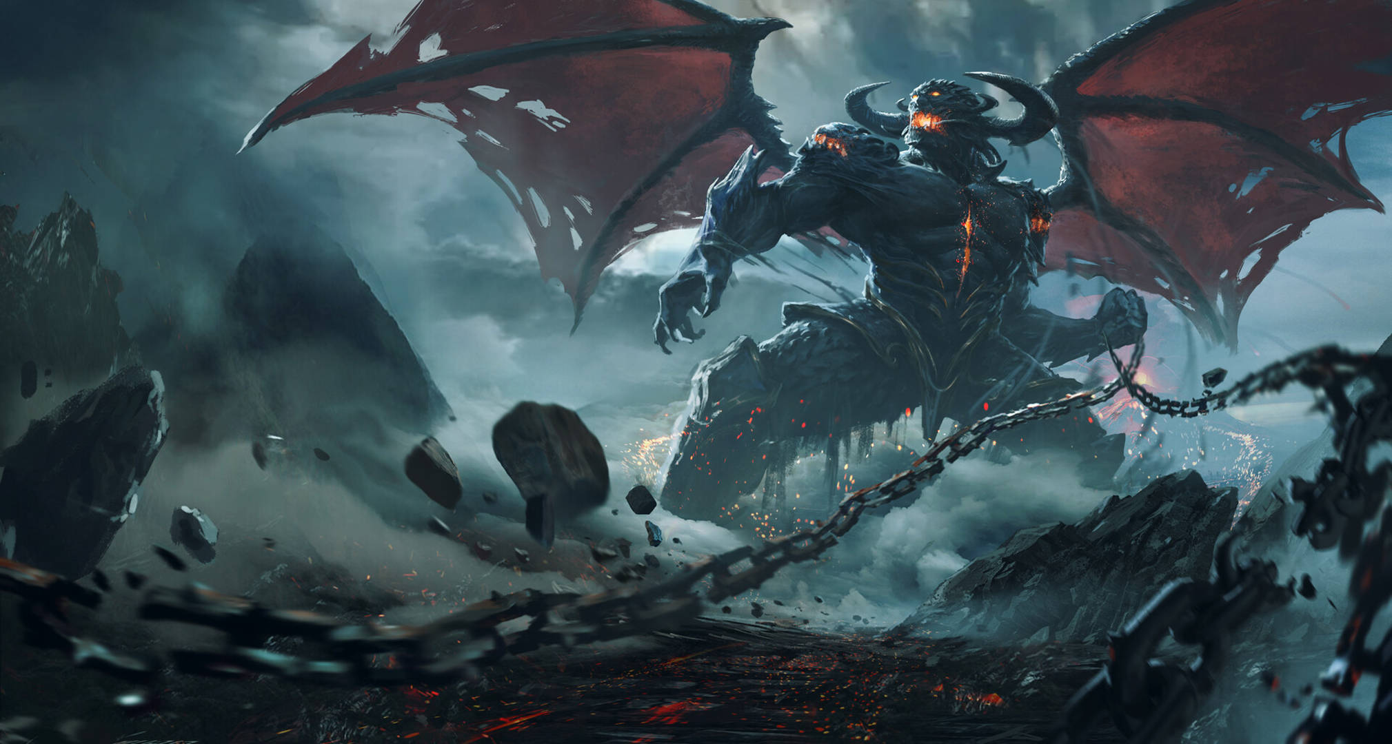 Cool Devil, glowing eyes, red wings, Full HD Desktop Wallpaper