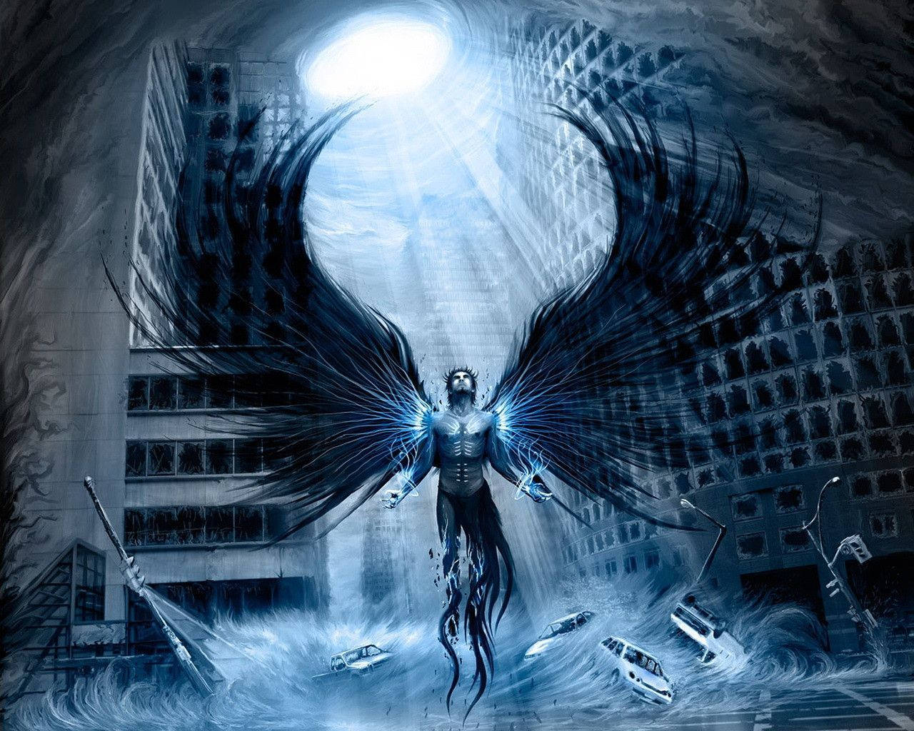 Cool Devil, light circle, towering angel, HD Desktop Wallpaper