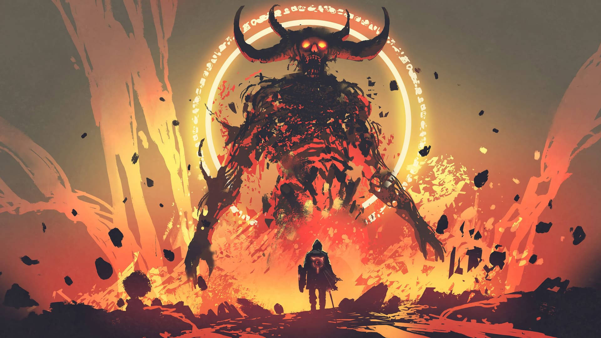 Cool Devil, horned demon, fiery light, Full HD Desktop Wallpaper