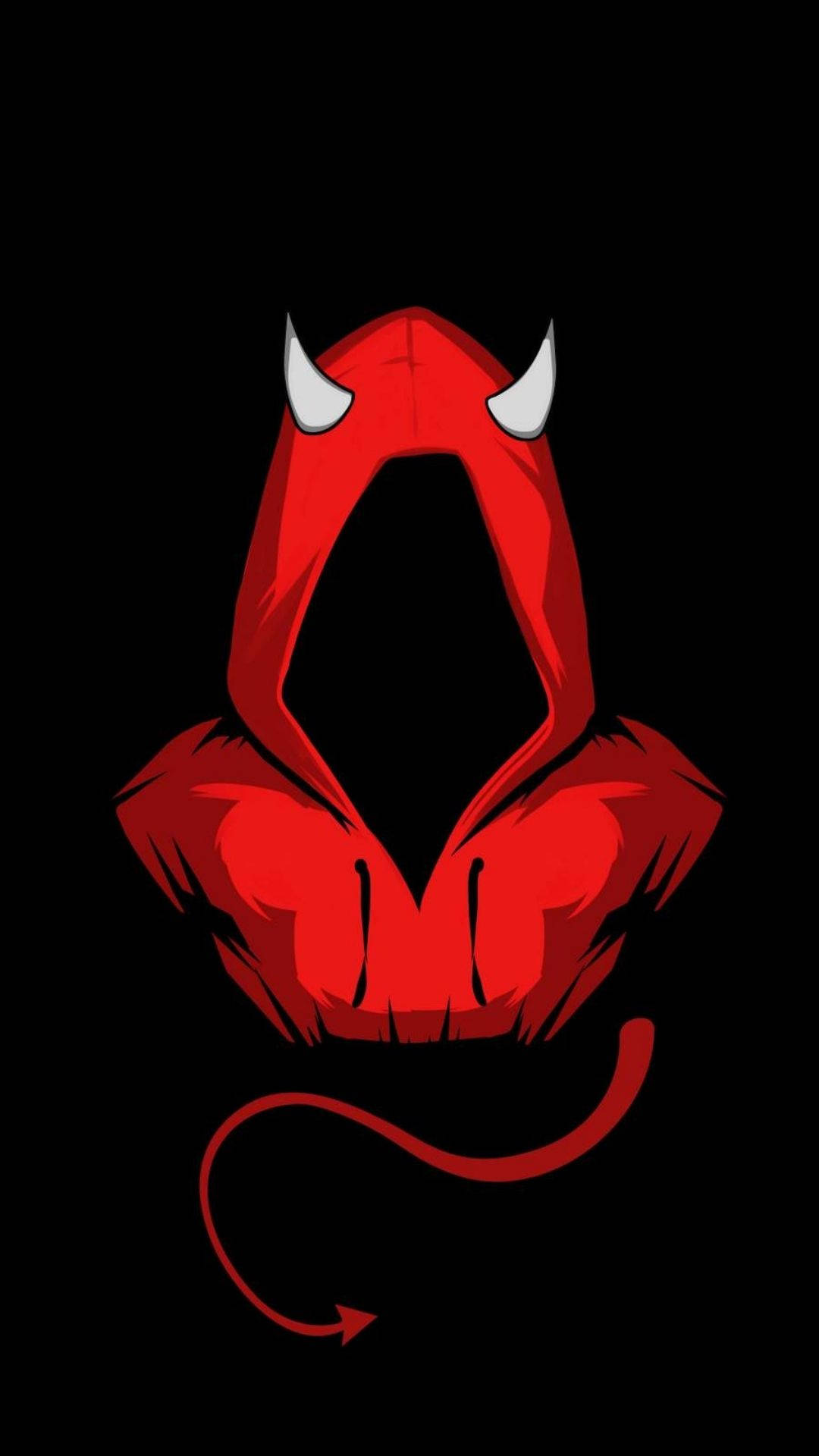devil in the dark, red devil hoodie, white horns, Full HD Phone Wallpaper