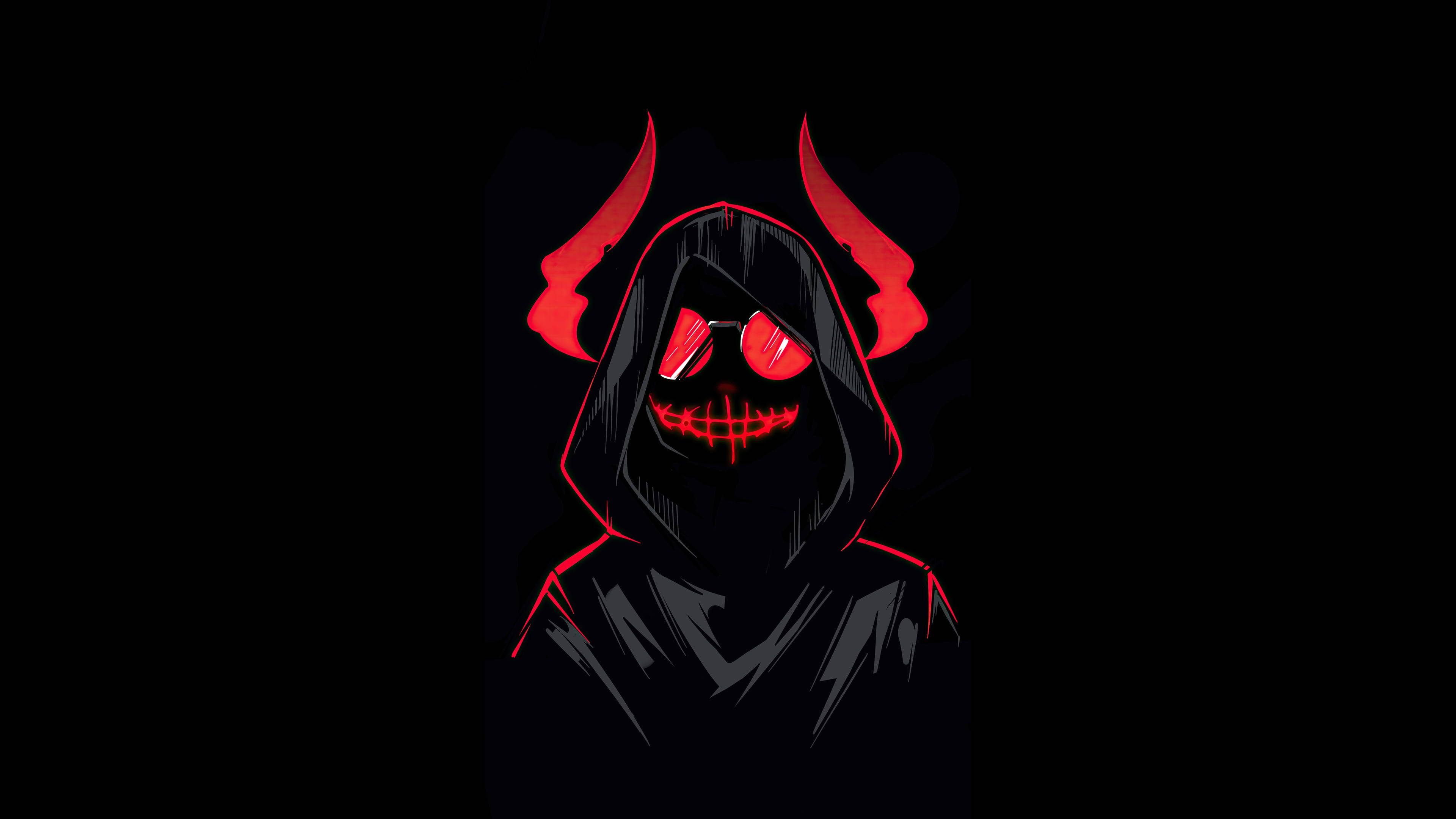 creepy black devil, hooded figure, glowing red eyes, 4K Desktop Wallpaper