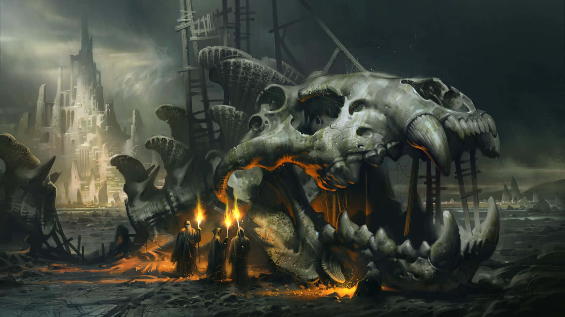 Cool Dinosaur, colossal skeletal beast skull, robed figures, Full HD Desktop Wallpaper