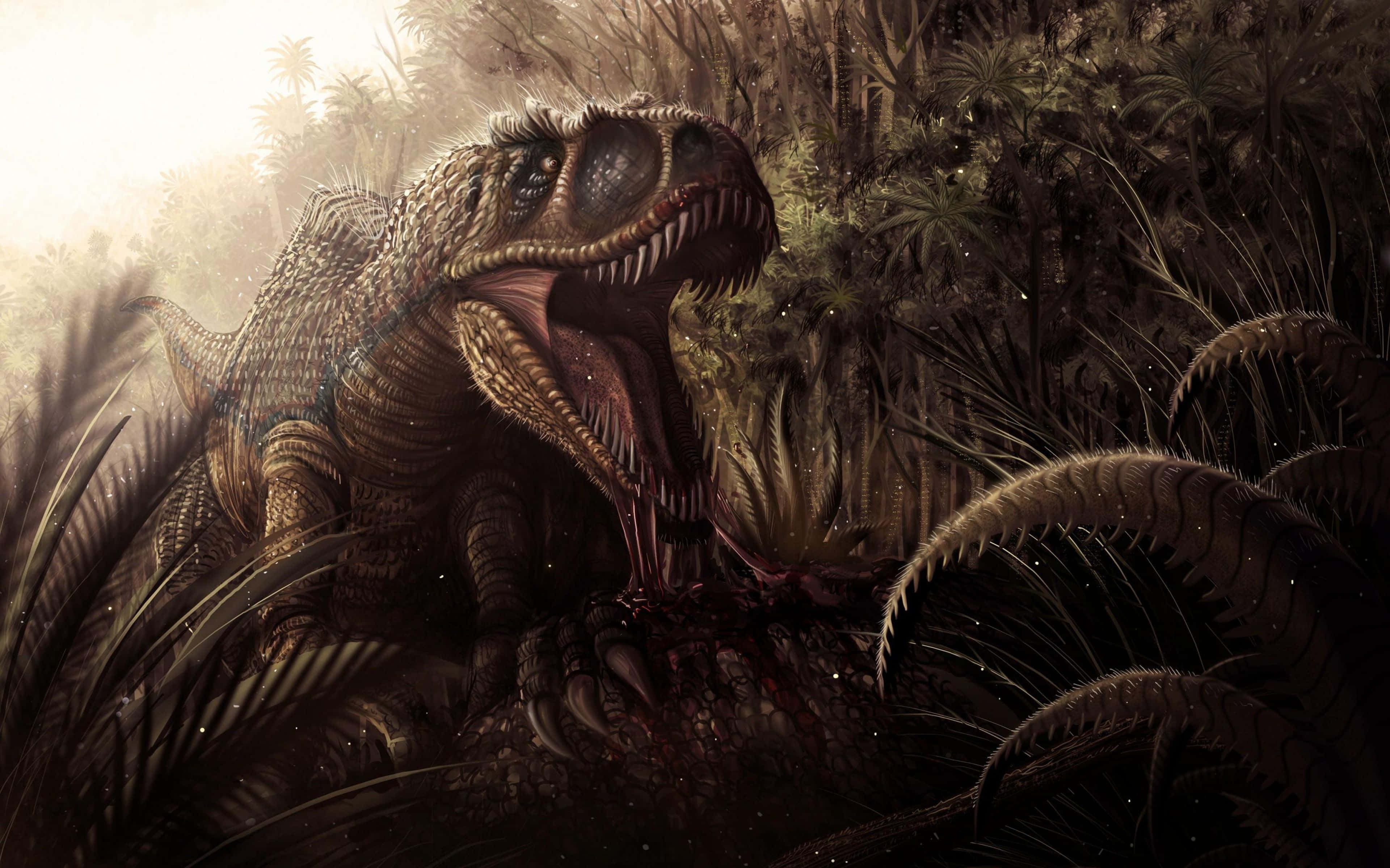 Cool Dinosaur, roaring dinosaur, prehistoric jungle foliage, 4K Desktop Wallpaper