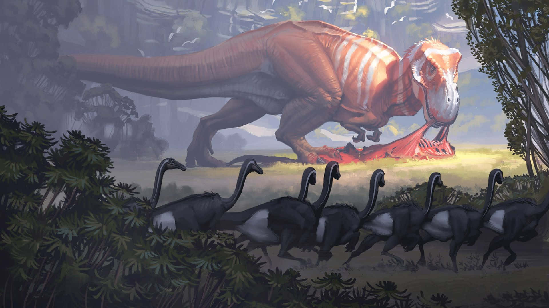 Cool Dinosaur, orange striped theropod dinosaur, flock of long-necked dinosaurs, Full HD Desktop Wallpaper