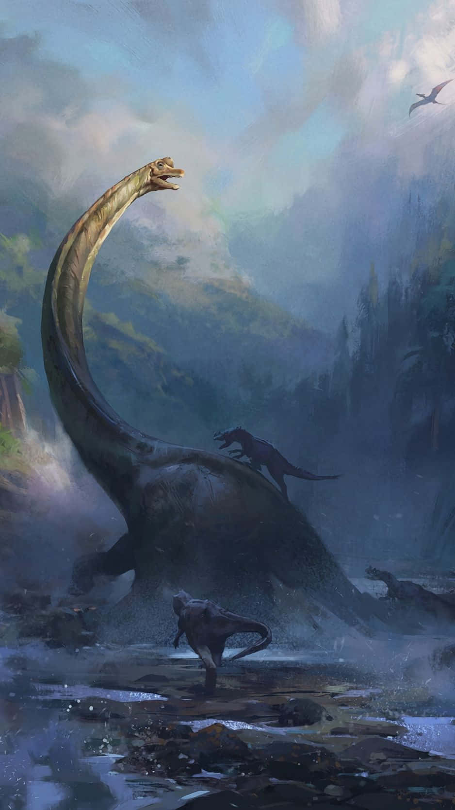 Cool Dinosaur, long-necked dinosaur, misty prehistoric waters, HD Phone Wallpaper