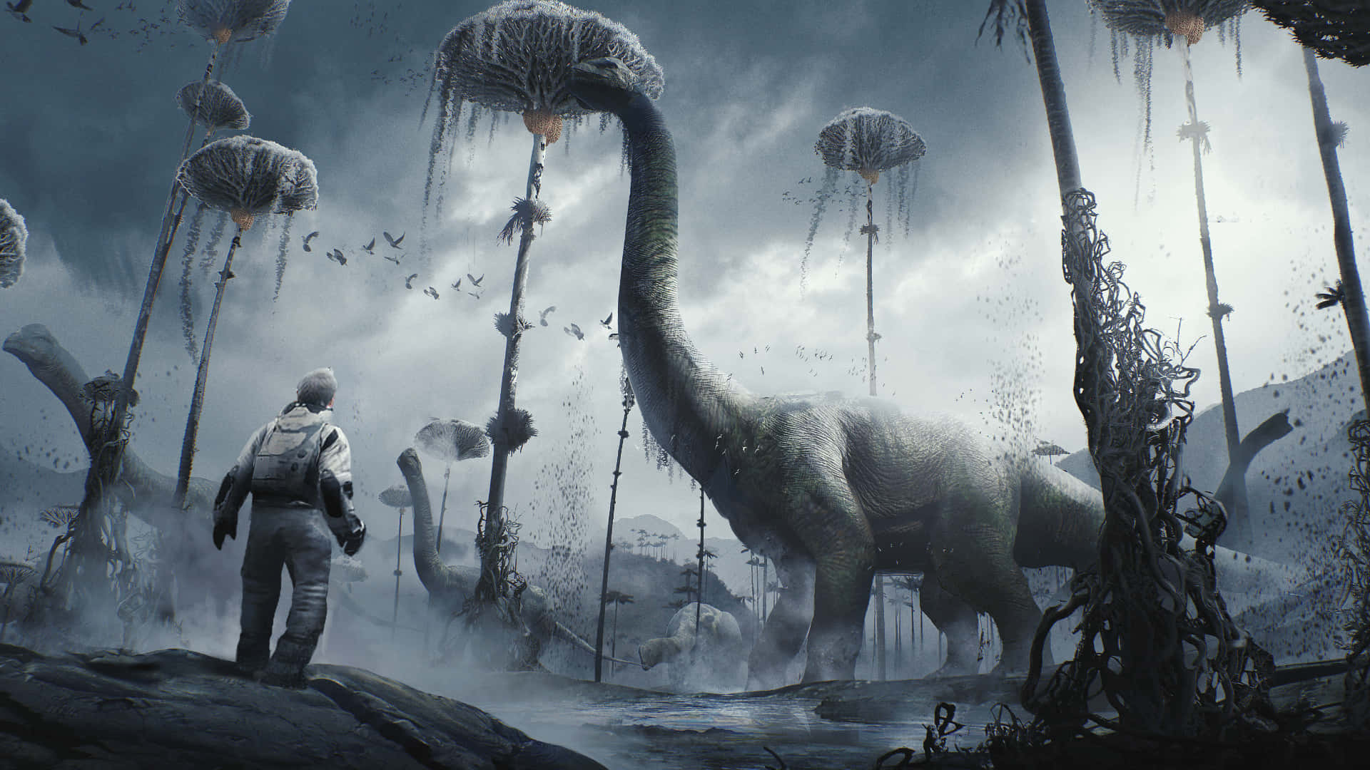 cool dinosaur, snowy alien landscape, massive dinosaur, Full HD Desktop Wallpaper