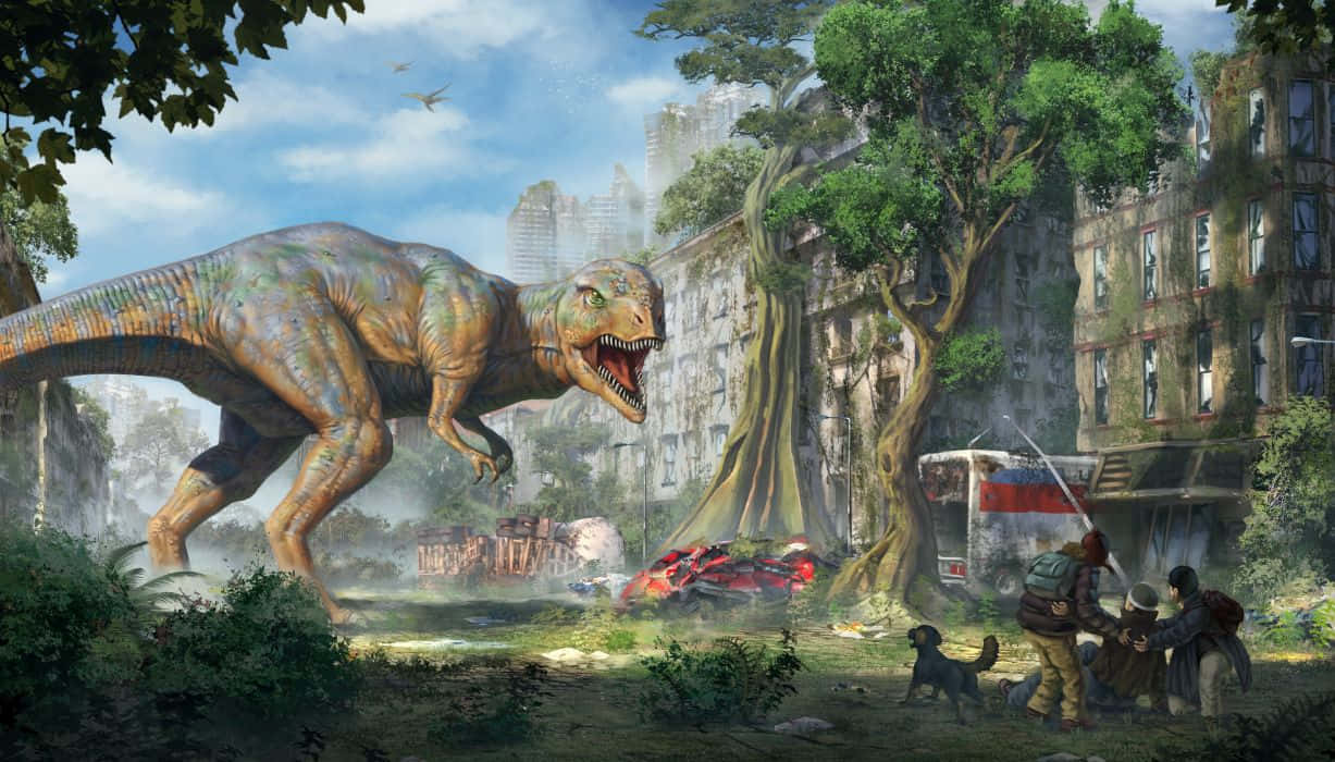 Cool Dinosaur, ruined cityscape, survivors, SD Desktop Wallpaper