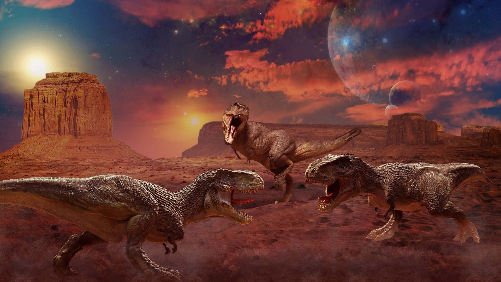 tyrannosaurs, surreal alien canyon, fiery sunset, Full HD Desktop Wallpaper