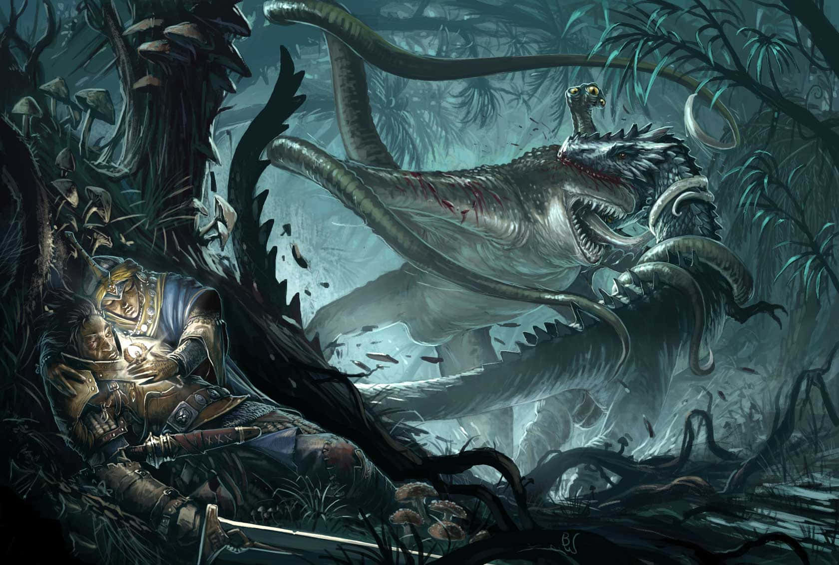 Cool Dinosaur, warrior in armor, massive swamp monster, HD Desktop Wallpaper
