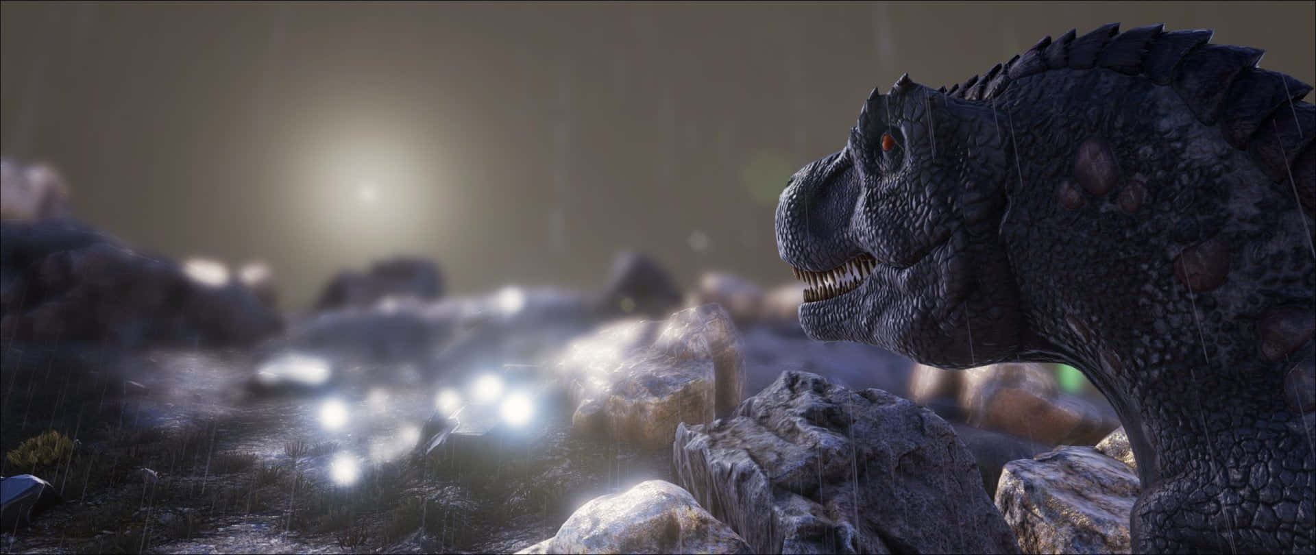 Cool Dinosaur, glowing red eyes, rain-slicked rocks, Full HD Desktop Wallpaper