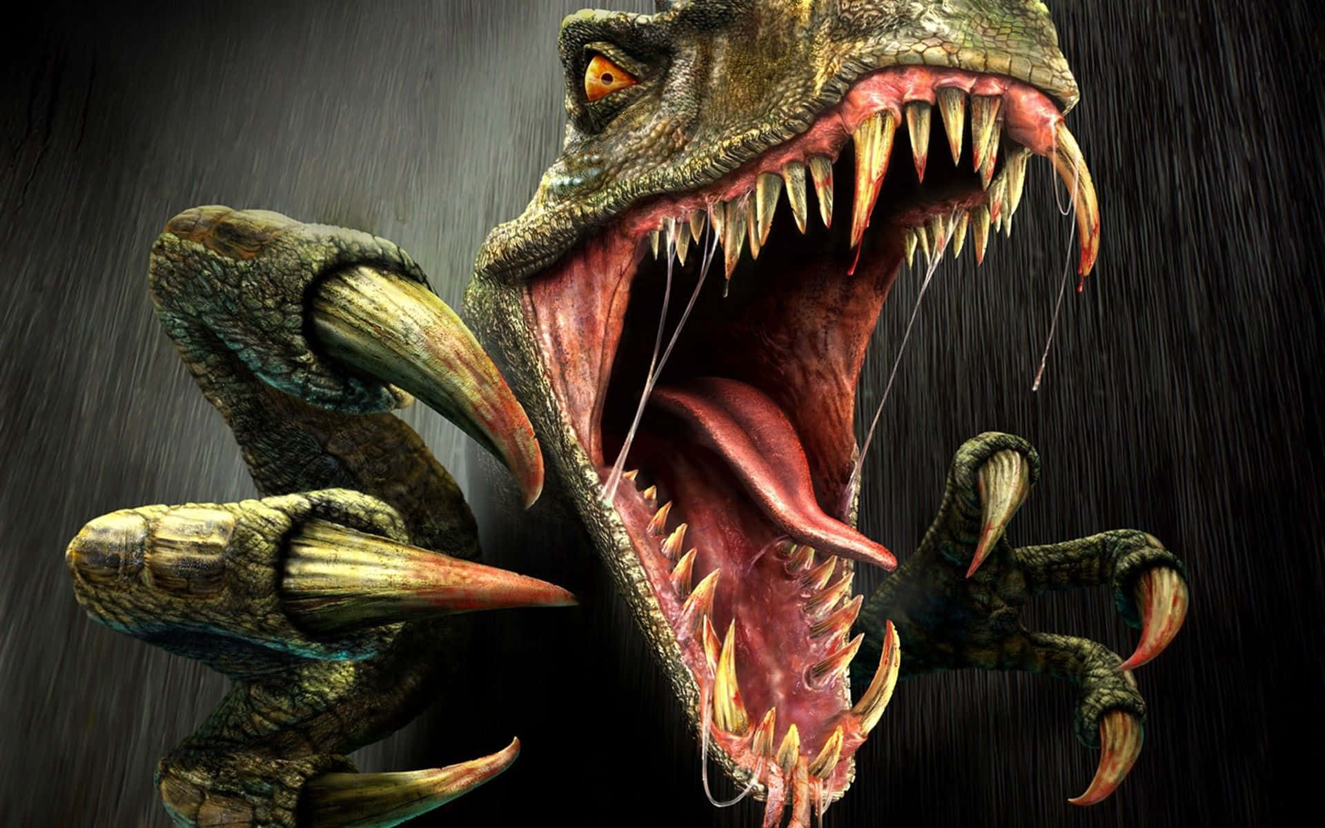Cool Dinosaur, glowing orange eyes, sharp teeth, Full HD Desktop Wallpaper