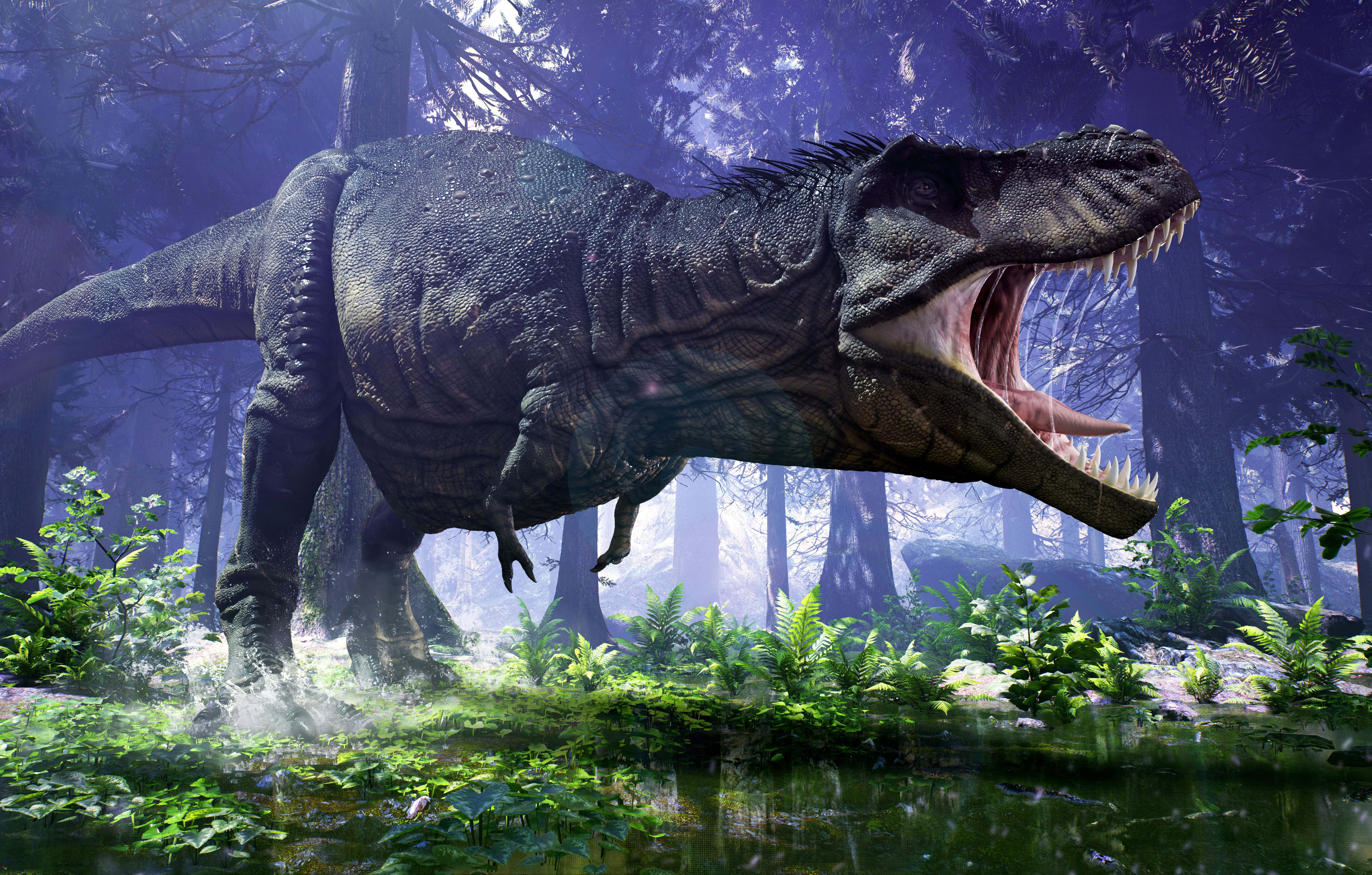tyrannosaurus rex, mist, prehistoric forest, ferns, 5K Desktop Wallpaper