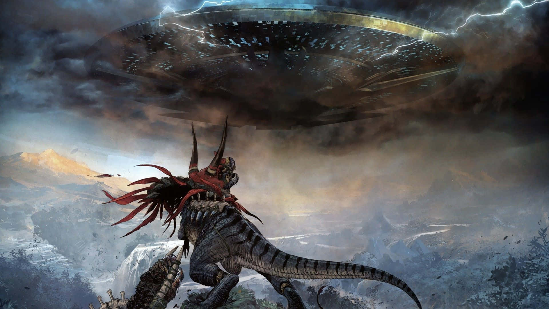 dinosaur, flying saucer, stormy skies, Full HD Desktop Wallpaper