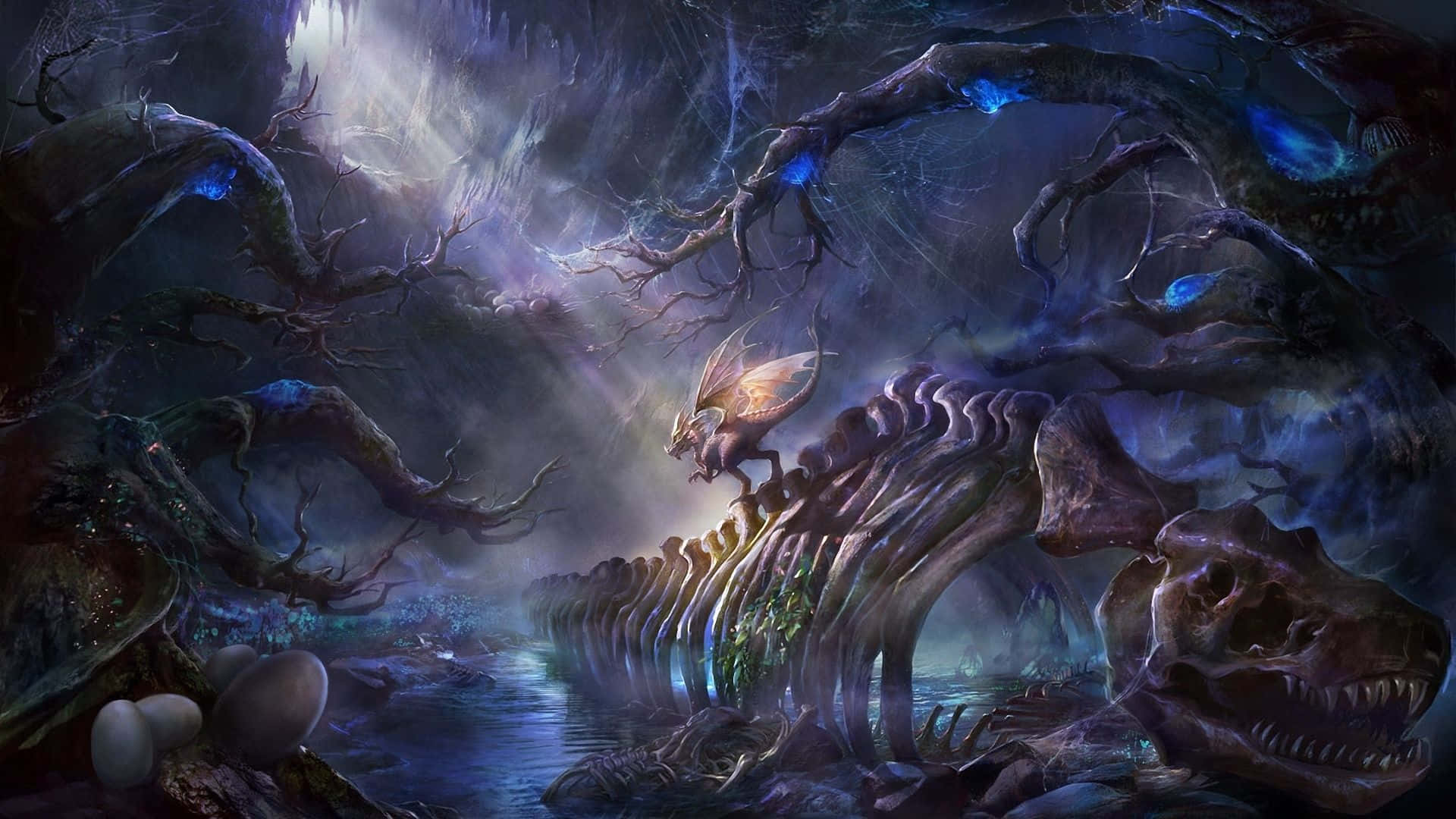 Cool Dinosaur, dinosaur skeleton, misty cavern, Full HD Desktop Wallpaper