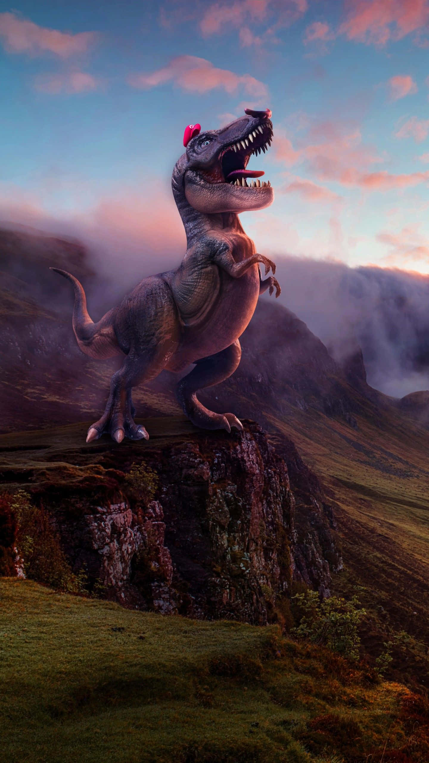 t-rex, red bow, misty cliff, 2K Phone Wallpaper