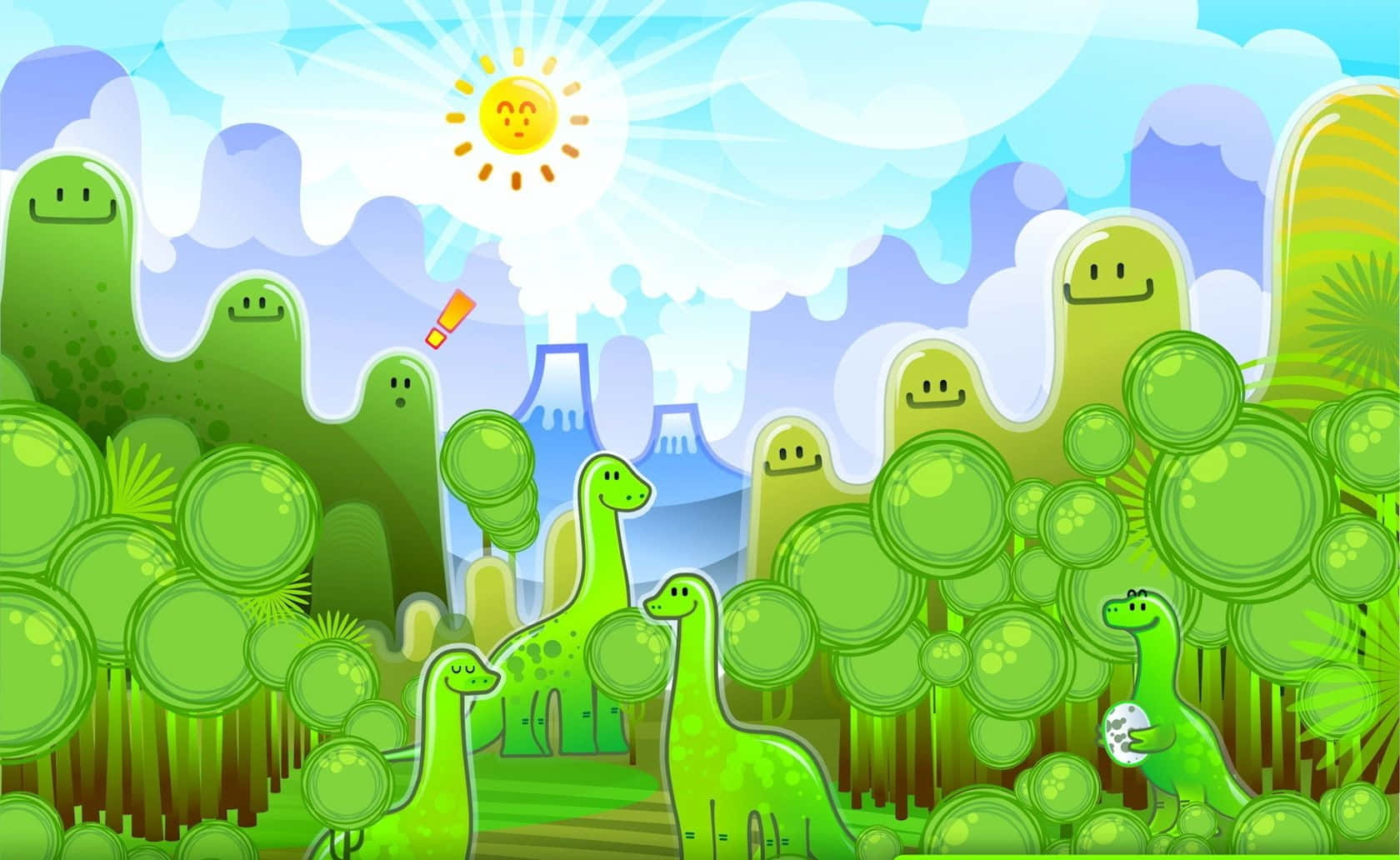 cartoon dinosaur, smiling green dinosaurs, bright sun, HD Desktop Wallpaper