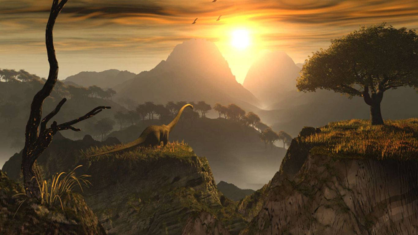 long-necked dinosaur, rocky cliff, sunset, HD Desktop Wallpaper