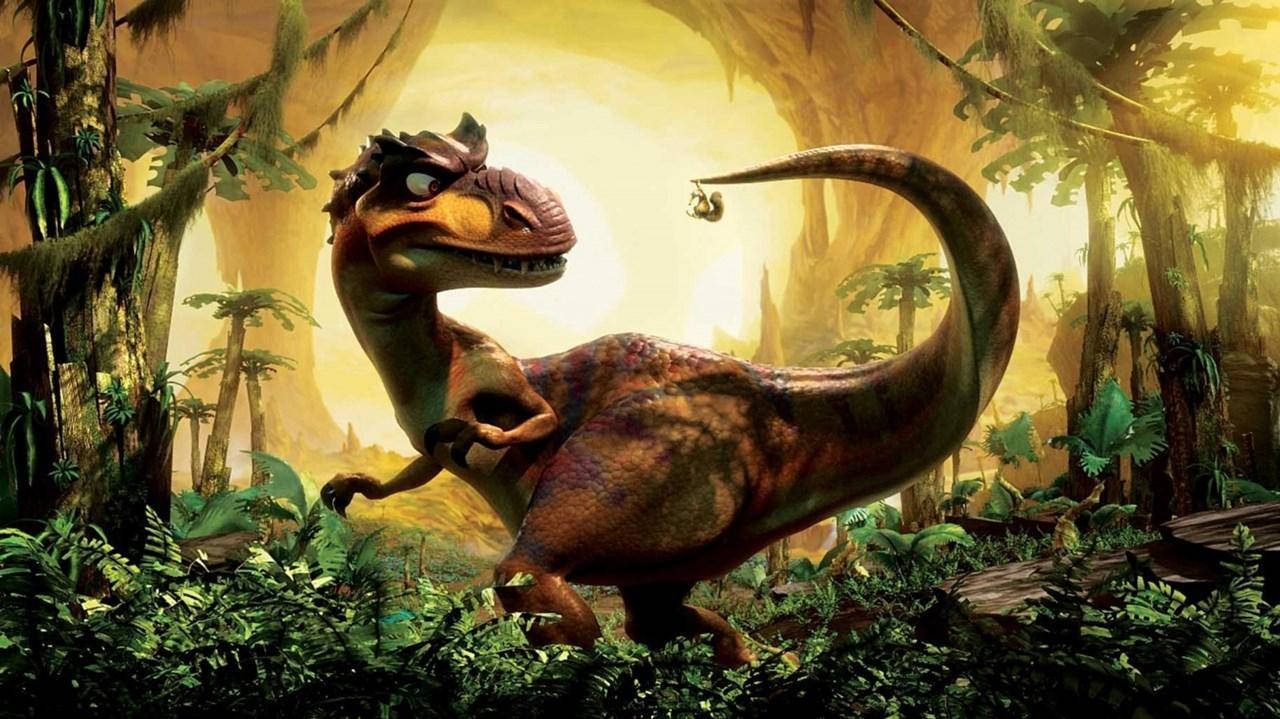 3d animated dinosaur, lusc jungle, glowing sun, HD Desktop Wallpaper