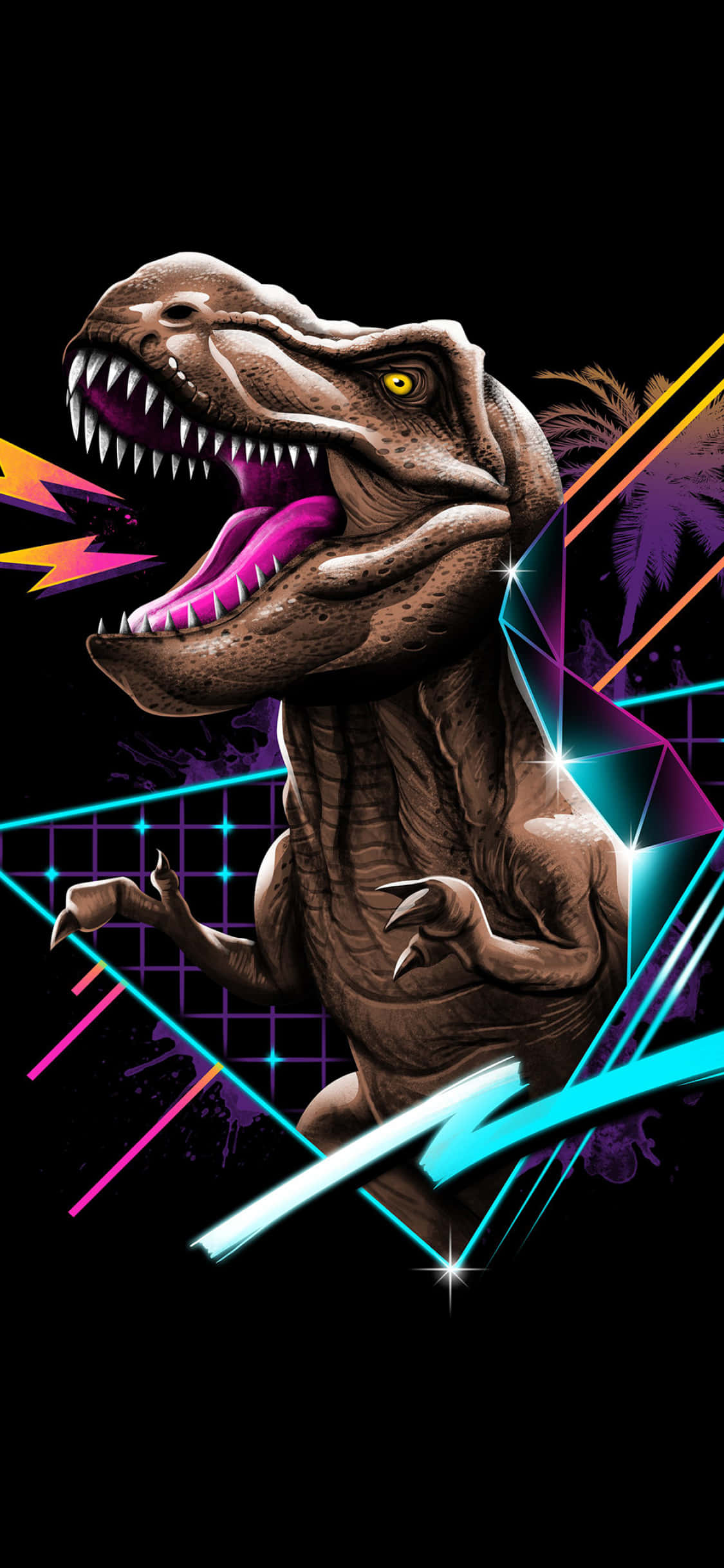 retro futuristic dinosaur art, t-rex, glowing yellow eyes, Full HD Phone Wallpaper