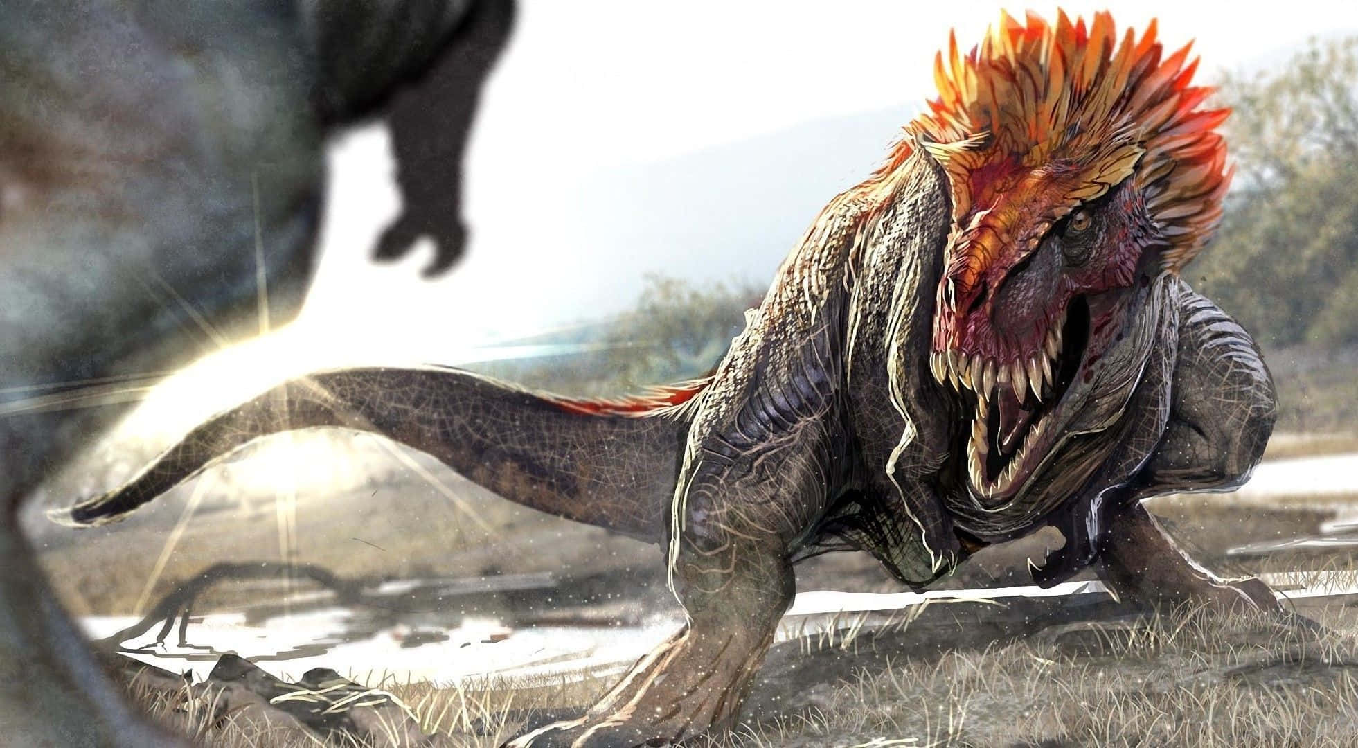cool dinosaur, fiery orange crest, sunlit grassy plain, Full HD Desktop Wallpaper