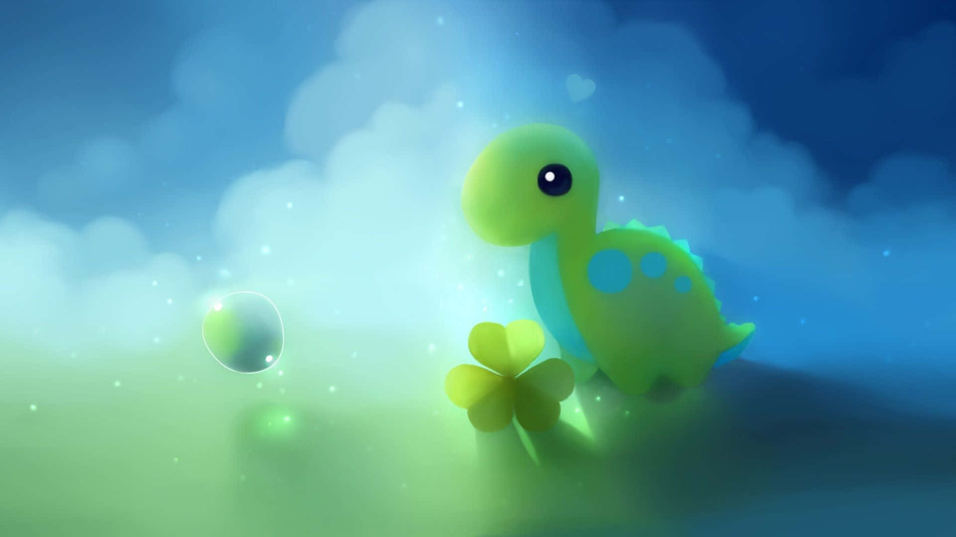 cartoon dinosaur, glowing green, four leaf clover, Full HD Desktop Wallpaper