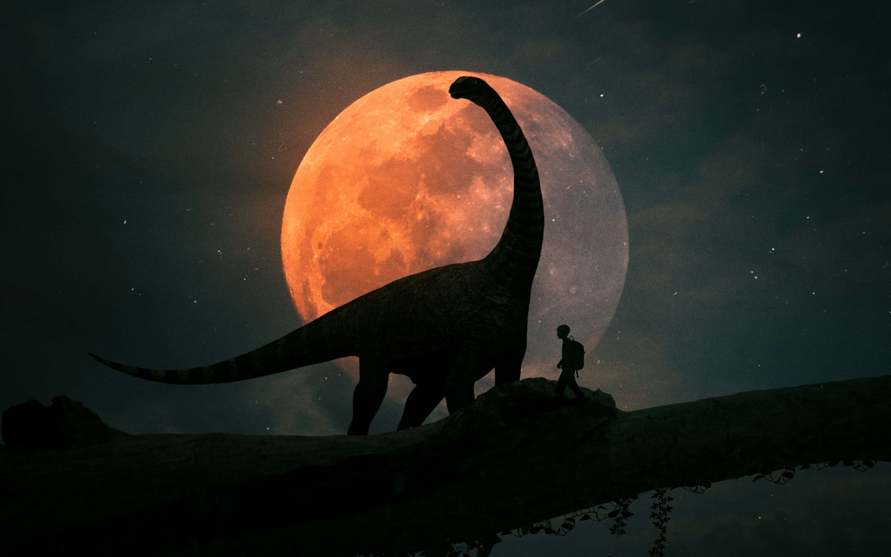 dinosaur silhouette, glowing orange moon, starry night sky, 2K Desktop Wallpaper