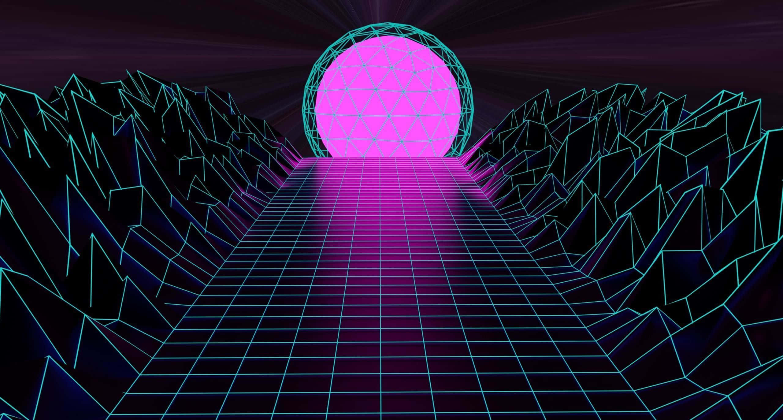neon grid road, glowing pink sphere, jagged digital mountains, 2K Desktop Wallpaper