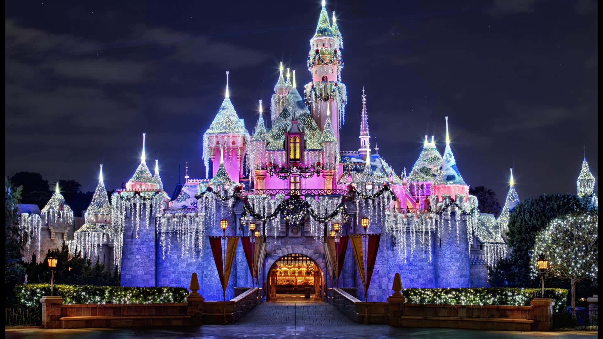 Disney, fairy tale castle, vibrant pink blue and white lights, Full HD Desktop Wallpaper