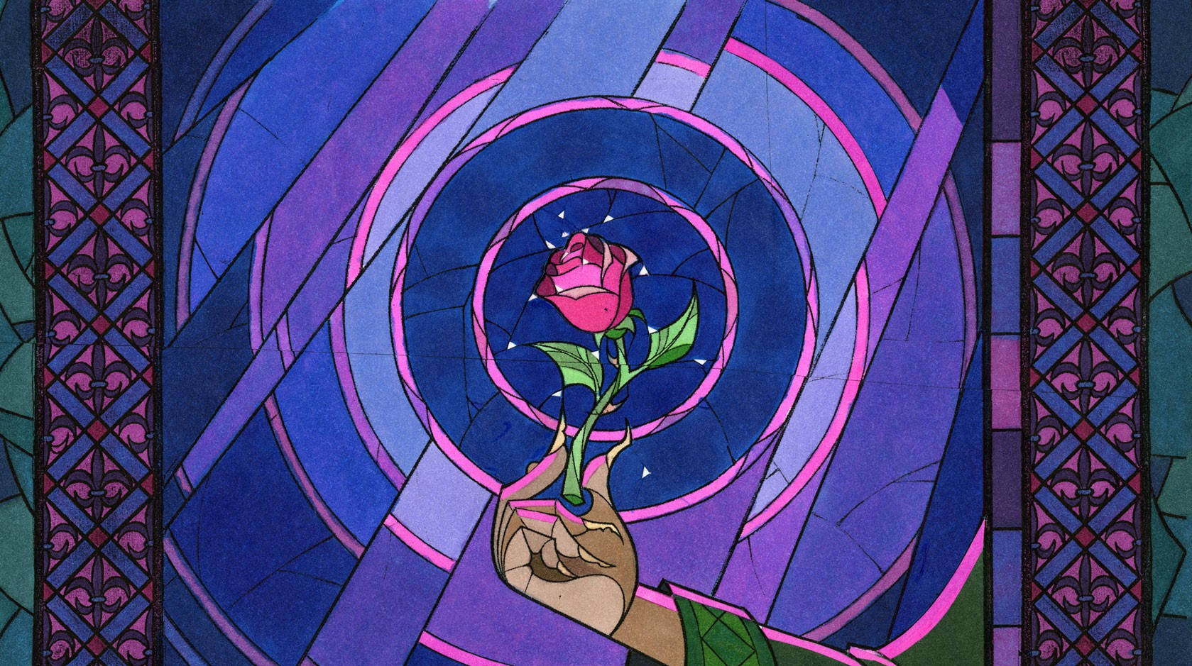 Disney, pink rose, vibrant stained glass window, HD Desktop Wallpaper