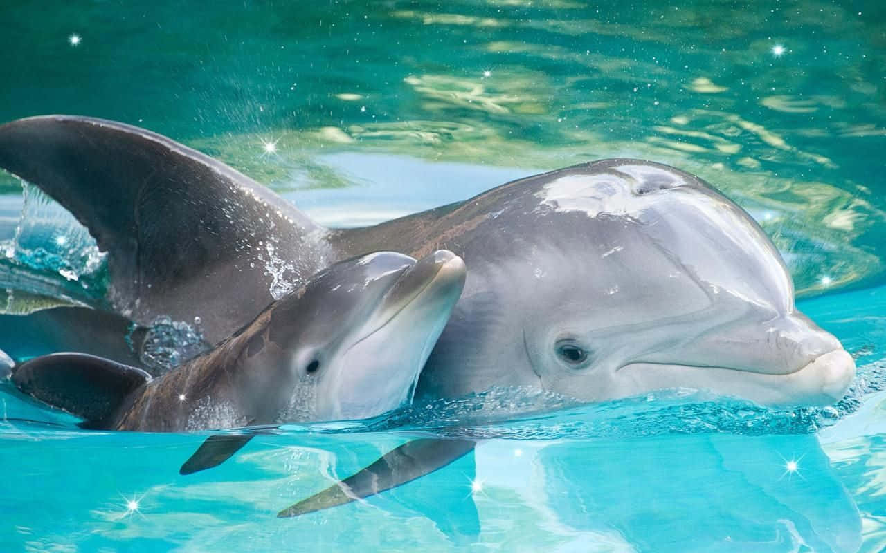 Cool Dolphin, mother baby dolphin, turquoise ocean, HD Desktop Wallpaper