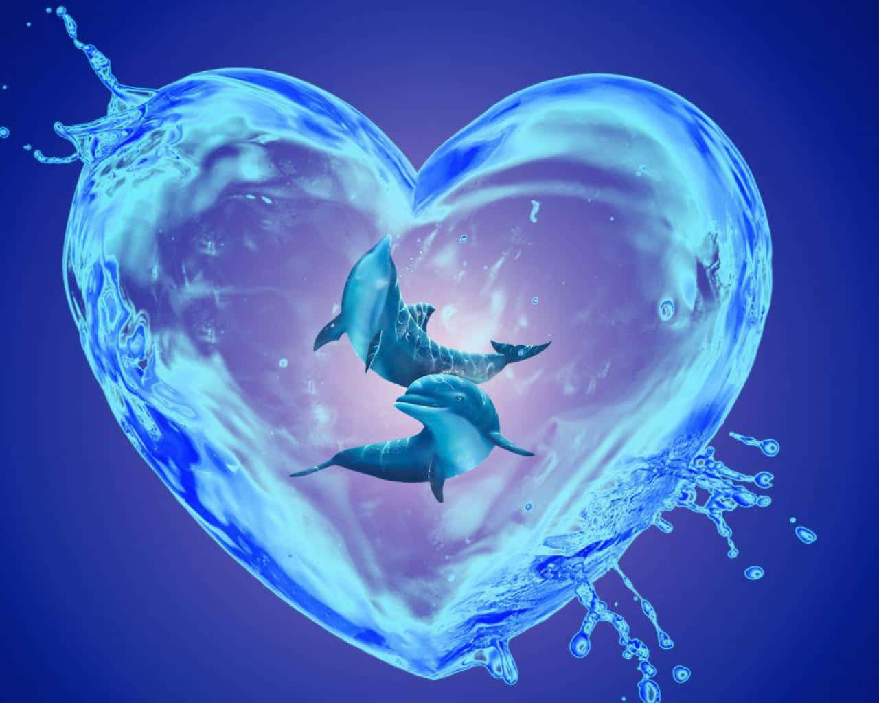 Cool Dolphin, glowing blue heart-shaped water bubble, deep purple background, HD Desktop Wallpaper