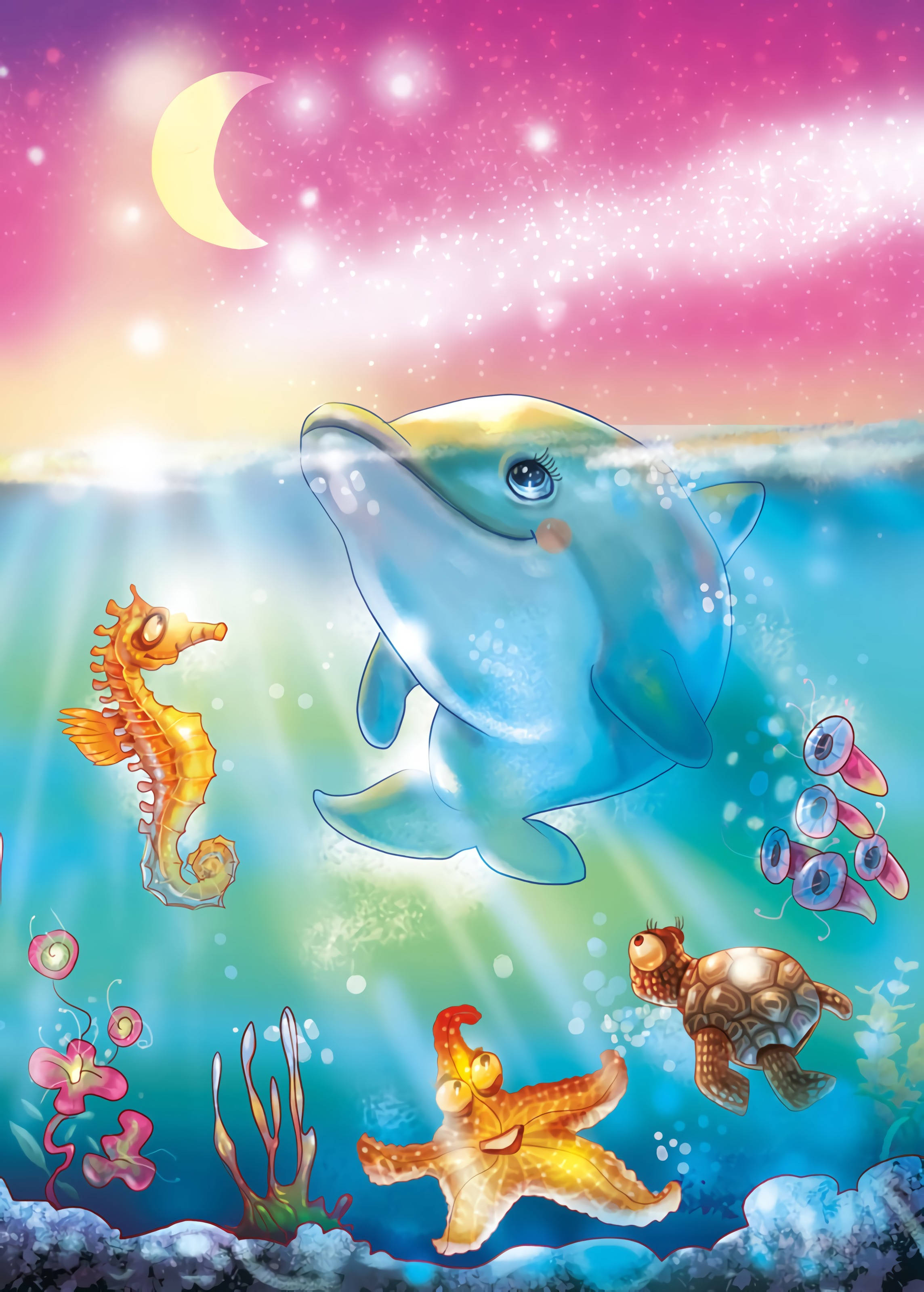 Cute Colorful Dolphin, seahorse turtle, starfish, 2K Phone Wallpaper
