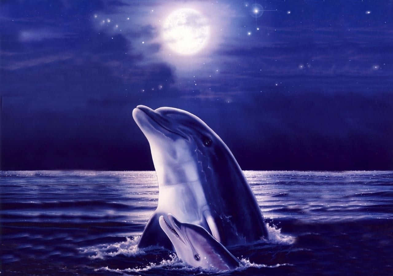 Cool Dolphins, full moon, twinkling stars, HD Desktop Wallpaper