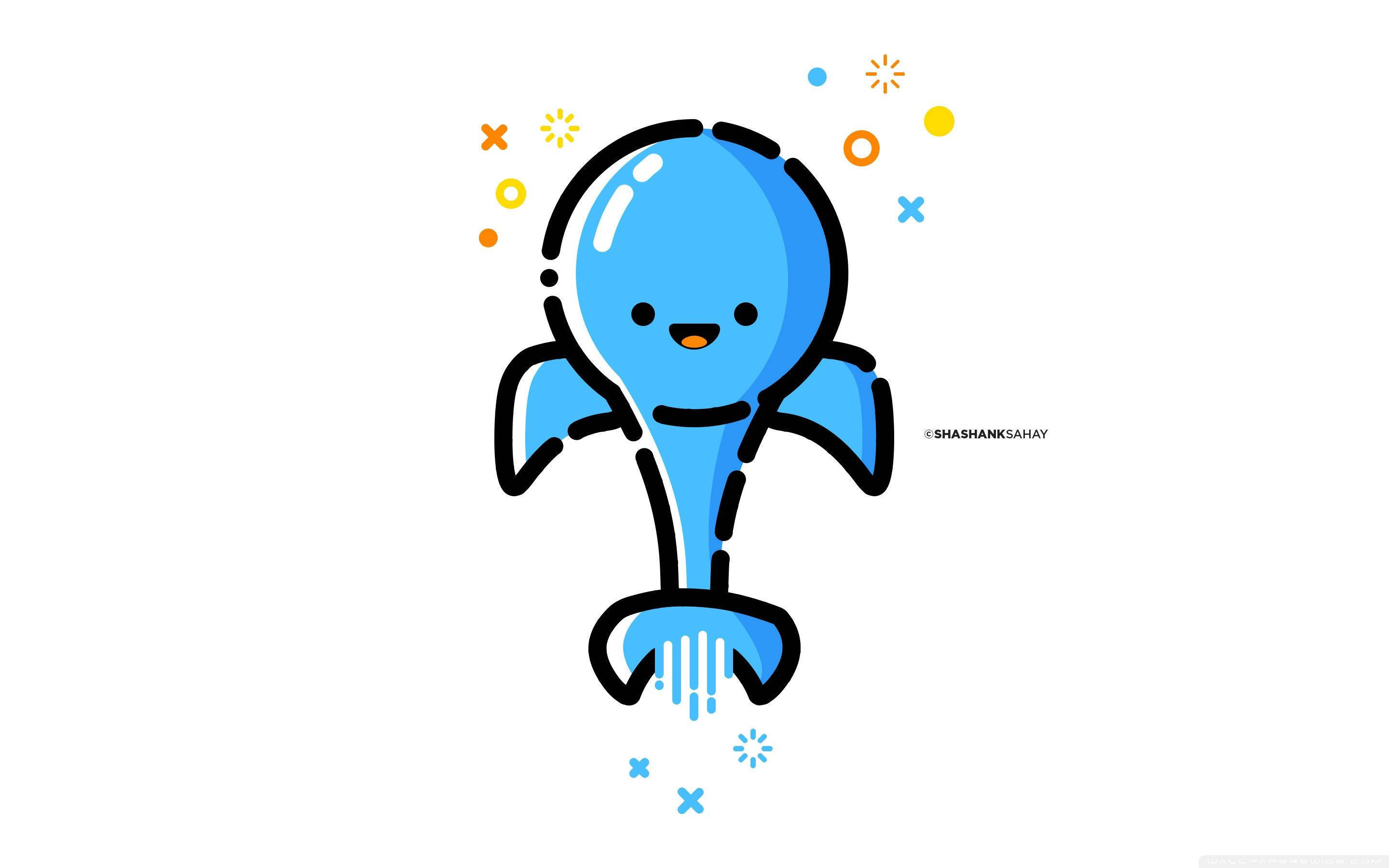cute cartoon dolphin, blue, bold black outlines, 2K Desktop Wallpaper