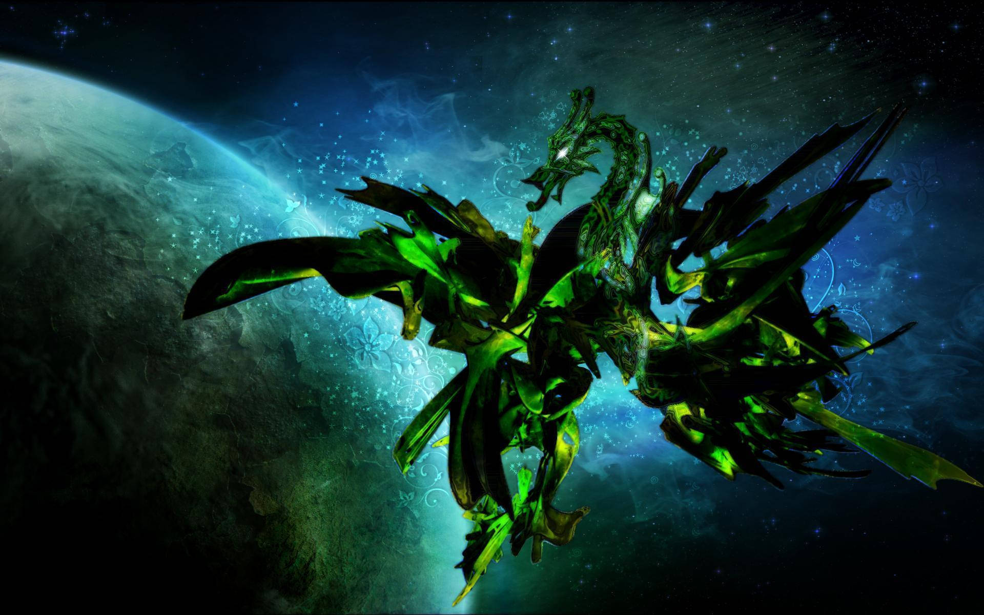 Cool Aesthetic Green Dragon, luminous green dragon, glowing planet, Full HD Desktop Wallpaper