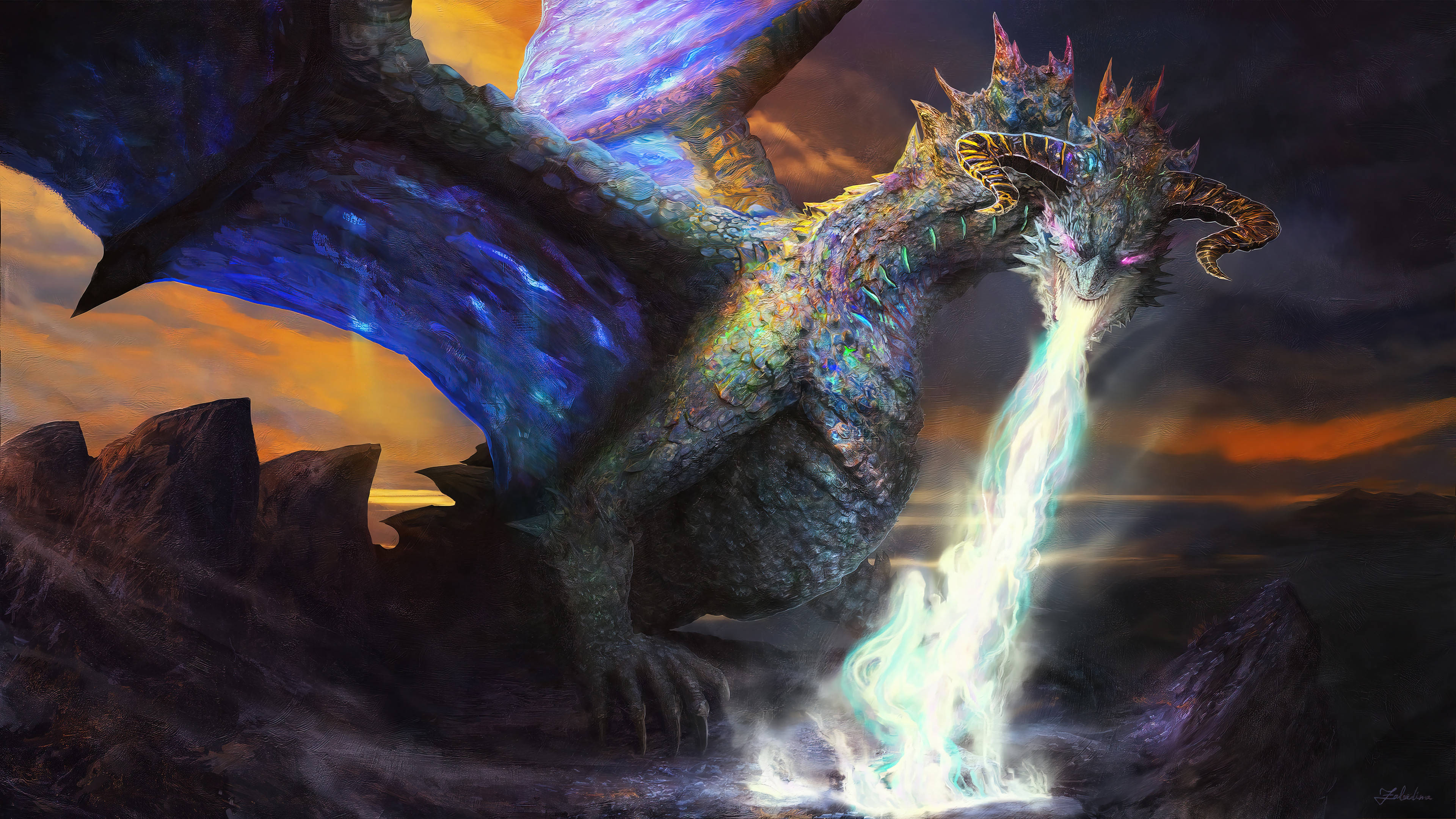 colorful dragon, iridescent scales, glowing wings, 4K Desktop Wallpaper