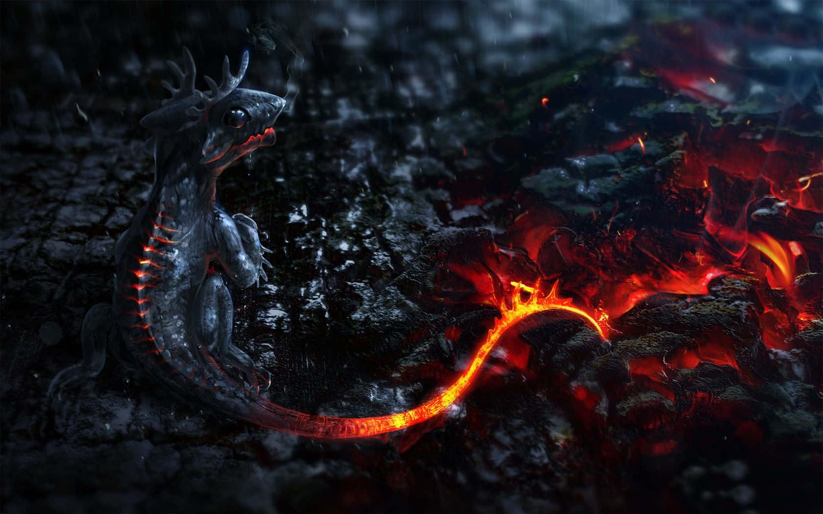 Cool Dragon, dark metallic dragon, glowing red spine and tail, HD Desktop Wallpaper