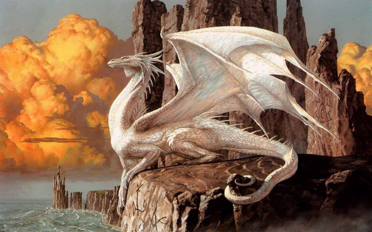 Cool Dragon, orange clouds, white dragon, HD Desktop Wallpaper