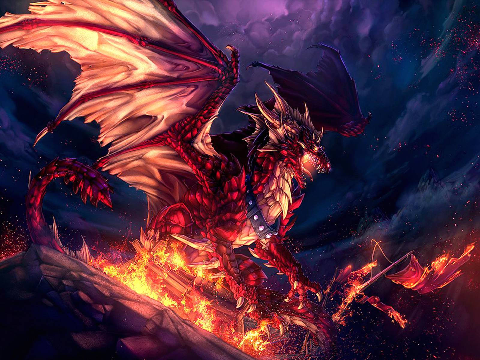 Cool Dragon, fiery red dragon, glowing wings, HD Desktop Wallpaper