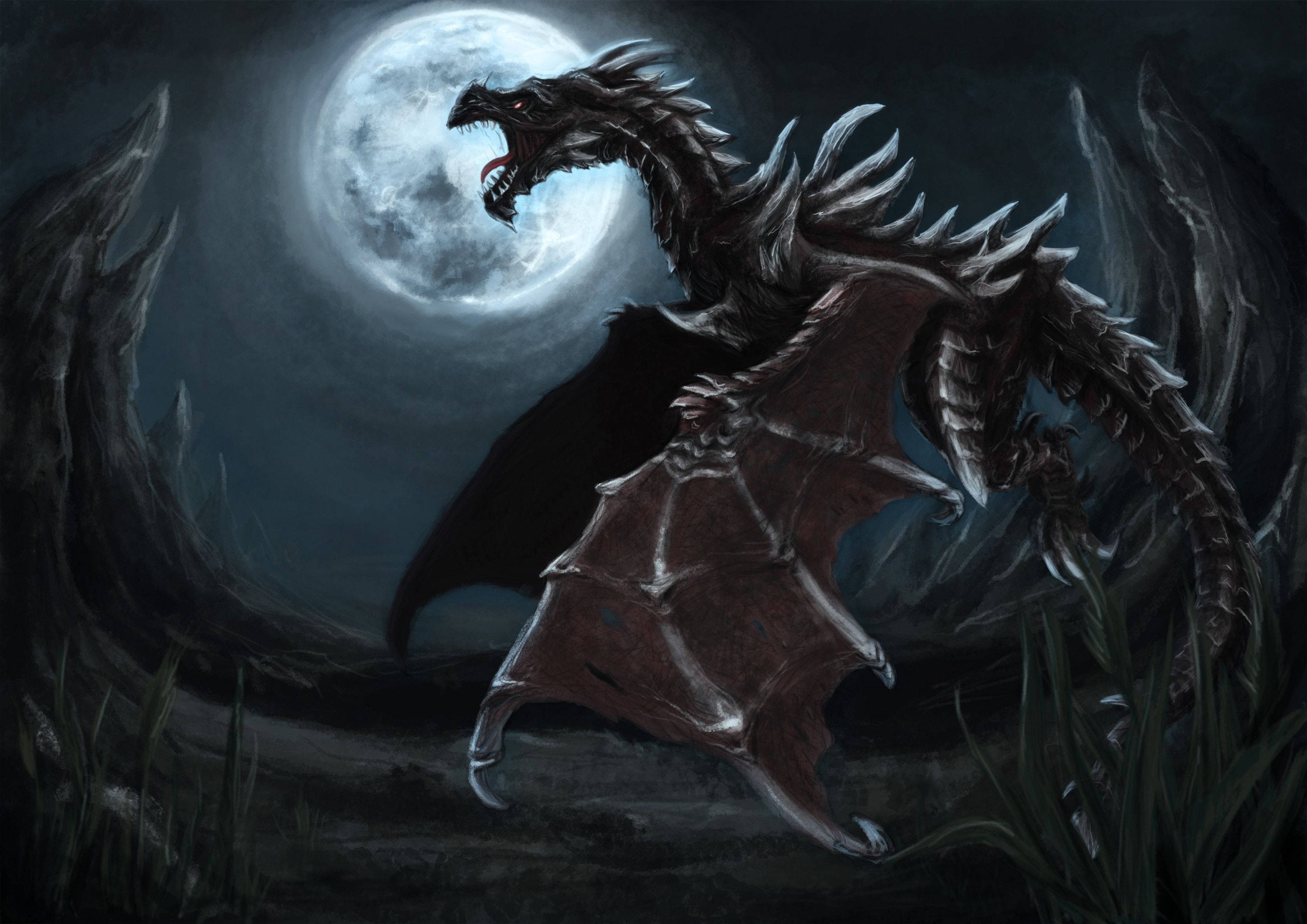 Cool Dragon, Dark Moon, full moon, 2K Desktop Wallpaper