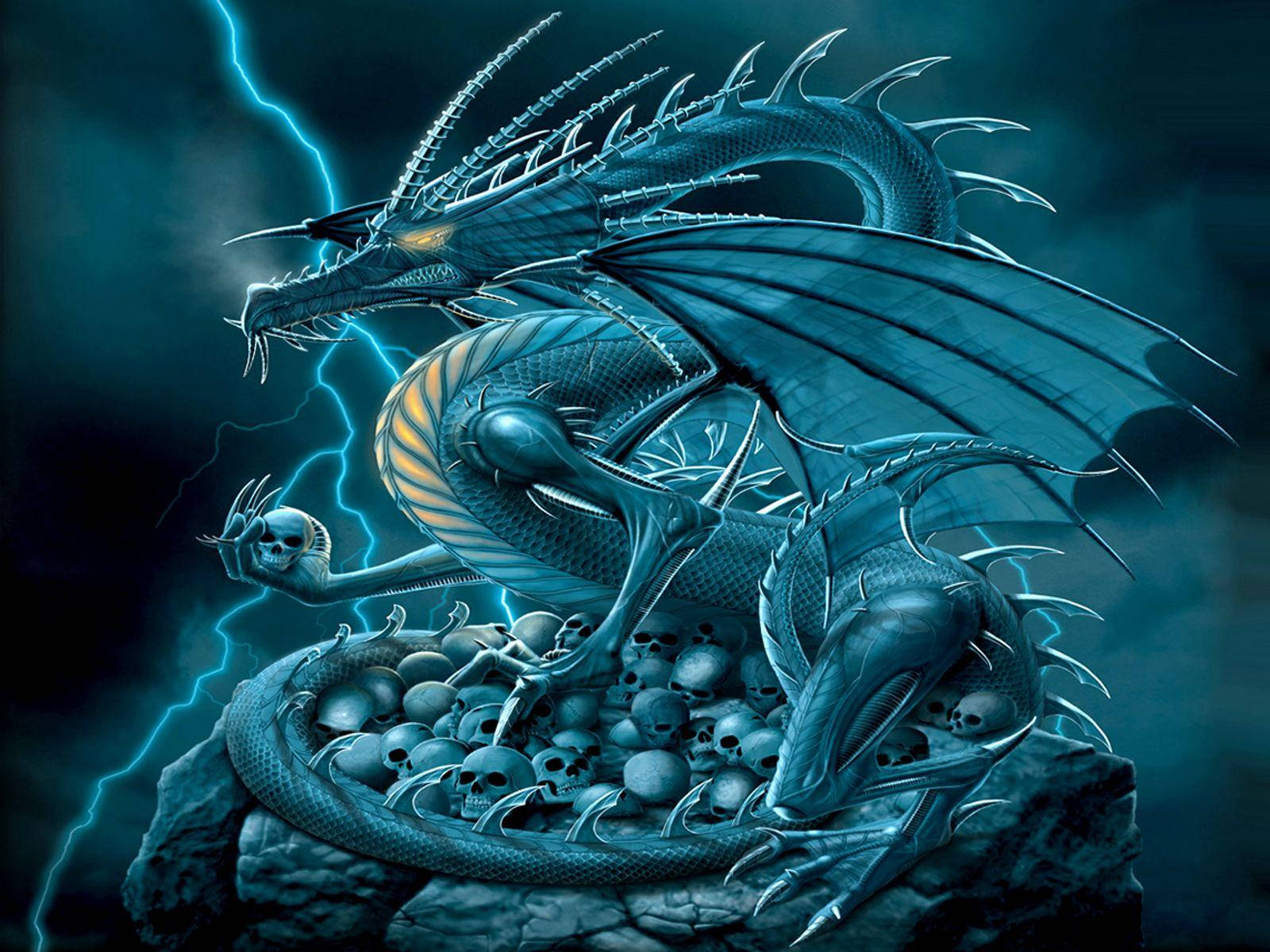 Blue-Green Cool Dragon, skull pile, crackling lightning, HD Desktop Wallpaper