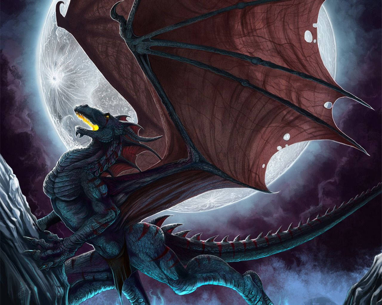 Cool Dragon, glowing moon, dark clouds, HD Desktop Wallpaper